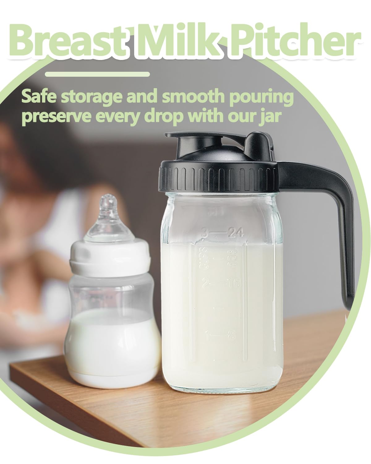 32oz Glass Pitcher with Lid & V-shaped Pour Spout - 1 Quart Breastmilk Pitcher Double Leak Proof, Creamer Container for Sun Tea, Juice, Cold Brew Coffee, Breastmilk Storage Container