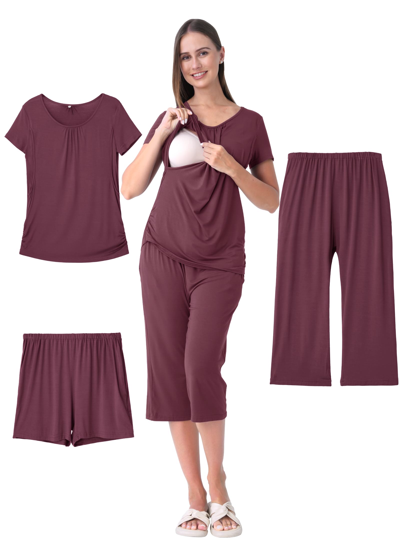 Shangood 3 Piece Nursing Pajamas Set for Women Breastfeeding Shirts Pjs Summer Postpartum Shorts&Capri Pants Pockets