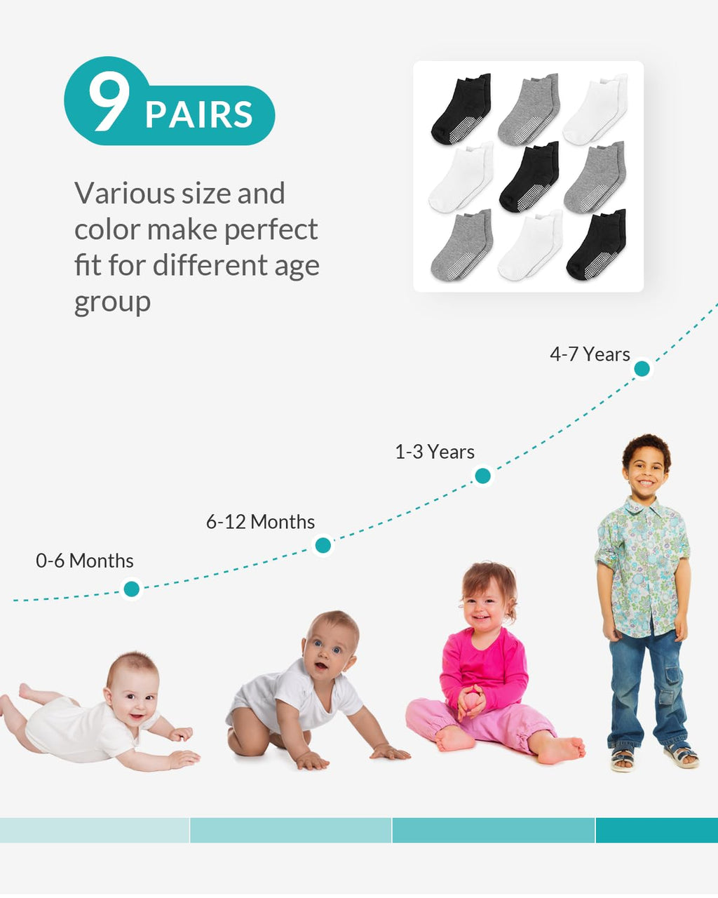Infinno 9-Pair Non-Slip Grip Socks for Babies & Kids