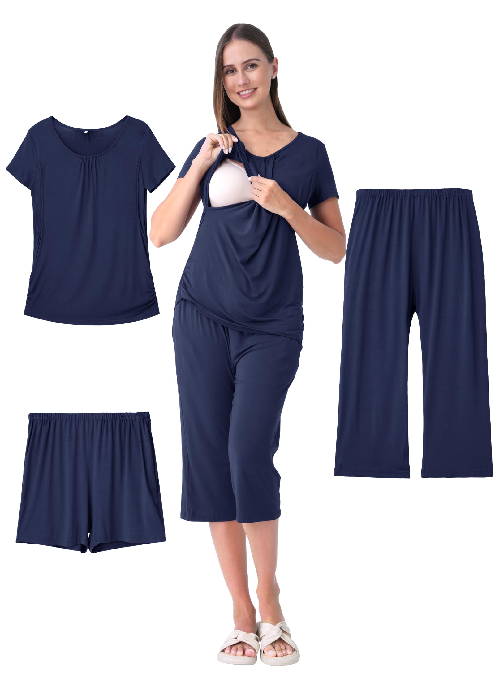 Shangood 3 Piece Nursing Pajamas Set for Women Breastfeeding Shirts Pjs Summer Postpartum Shorts&Capri Pants Pockets