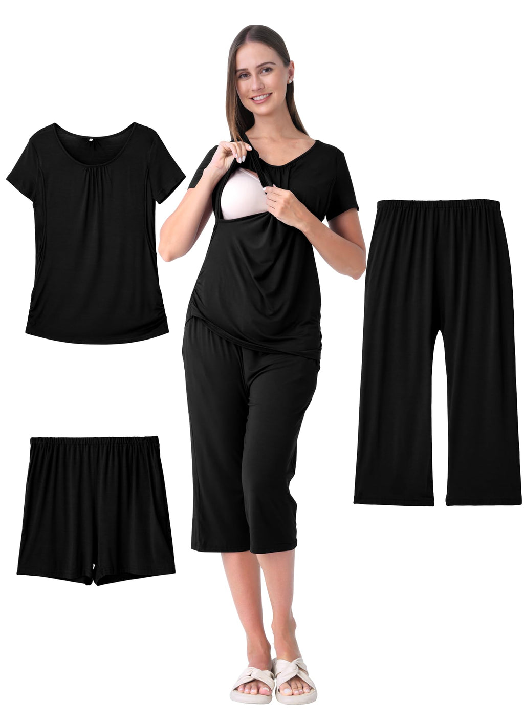 Shangood 3 Piece Nursing Pajamas Set for Women Breastfeeding Shirts Pjs Summer Postpartum Shorts&Capri Pants Pockets
