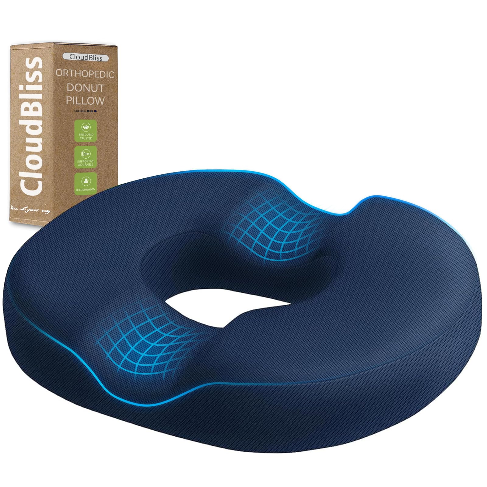 CloudBliss Donut Pillow Stadium Seat Cushion for Tailbone Pain Relief and Hemorrhoids, Memory Foam Seat Chair Cushion, Portable Seat Cushions for Bleachers, Car, Home & Office