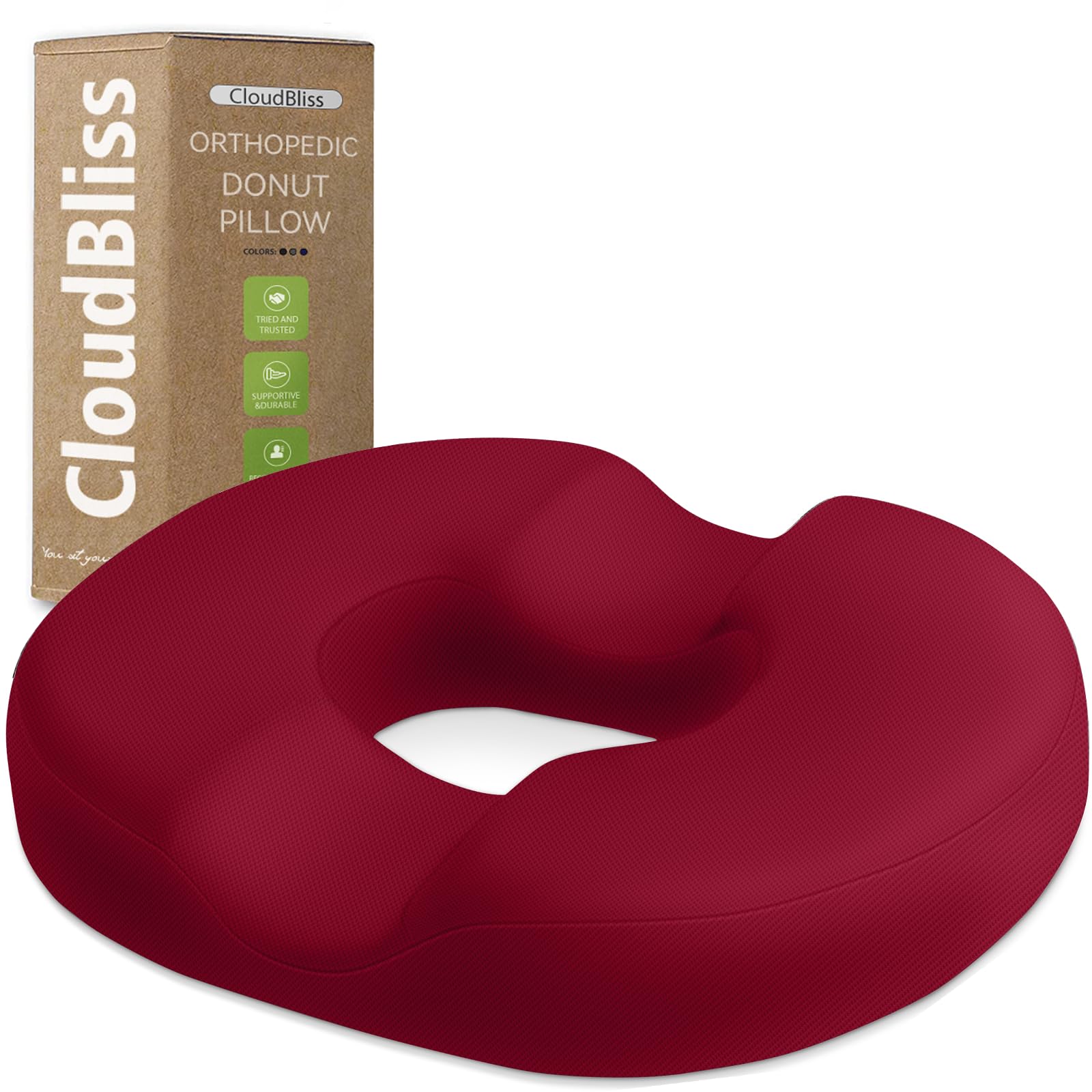 CloudBliss Donut Pillow Stadium Seat Cushion for Tailbone Pain Relief and Hemorrhoids, Memory Foam Seat Chair Cushion, Portable Seat Cushions for Bleachers, Car, Home & Office