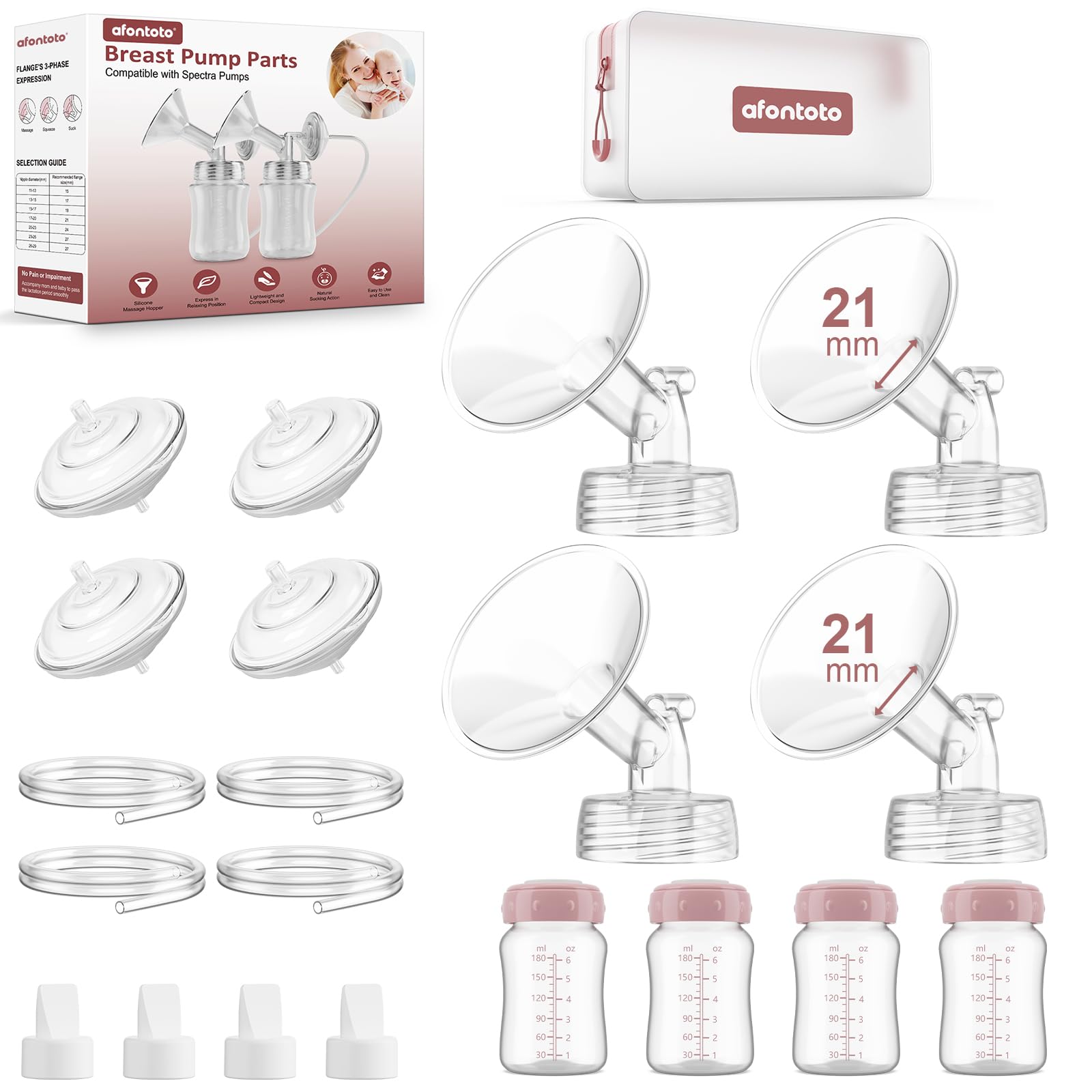 Pump Parts Compatible with Spectra S1/S2/9Plus Breastpump, Full Set Replacement Parts for Spectra Include Flange,Duckbill Valve,Backflow Protector,Tube,Bottle, Not Original Accessories