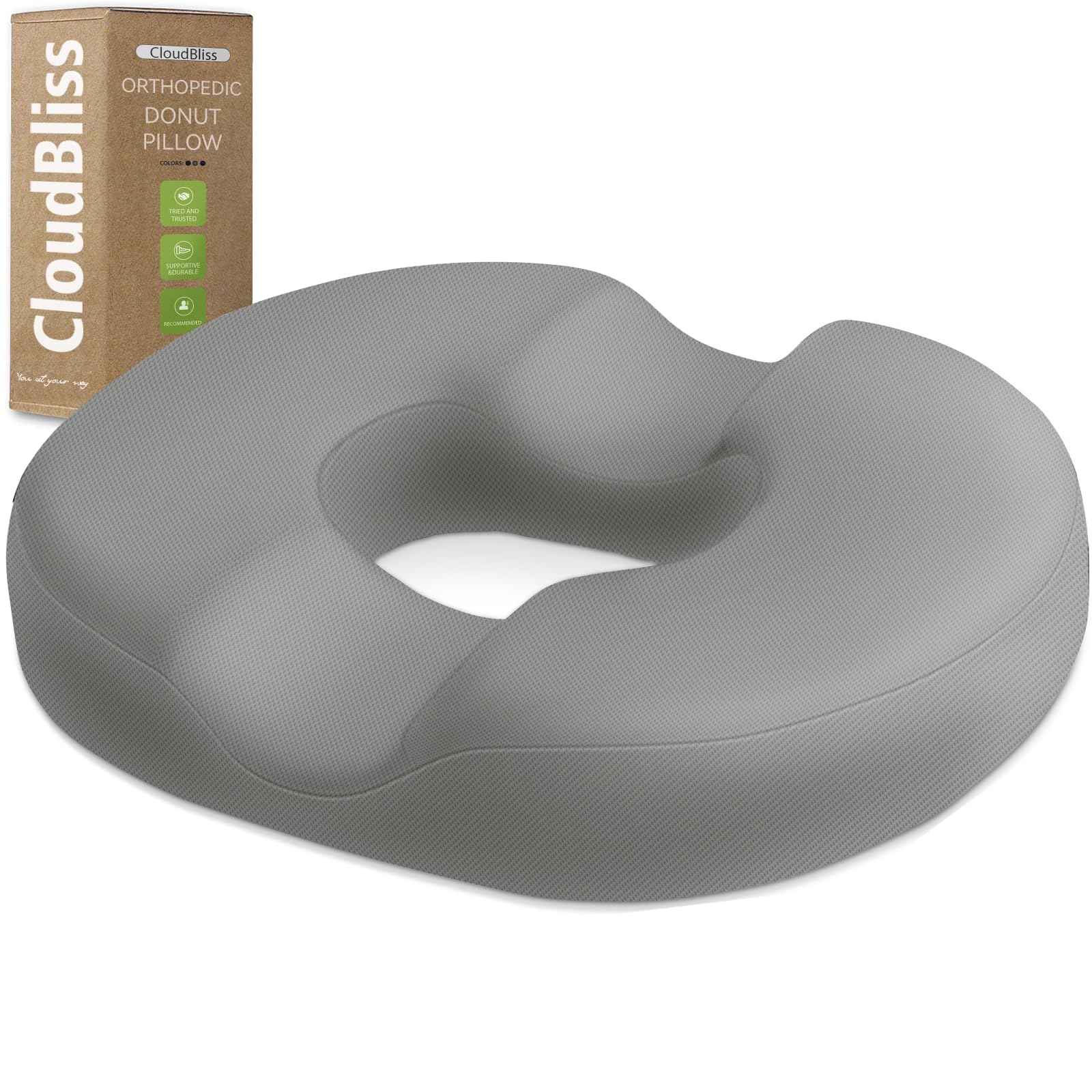 CloudBliss Donut Pillow Stadium Seat Cushion for Tailbone Pain Relief and Hemorrhoids, Memory Foam Seat Chair Cushion, Portable Seat Cushions for Bleachers, Car, Home & Office