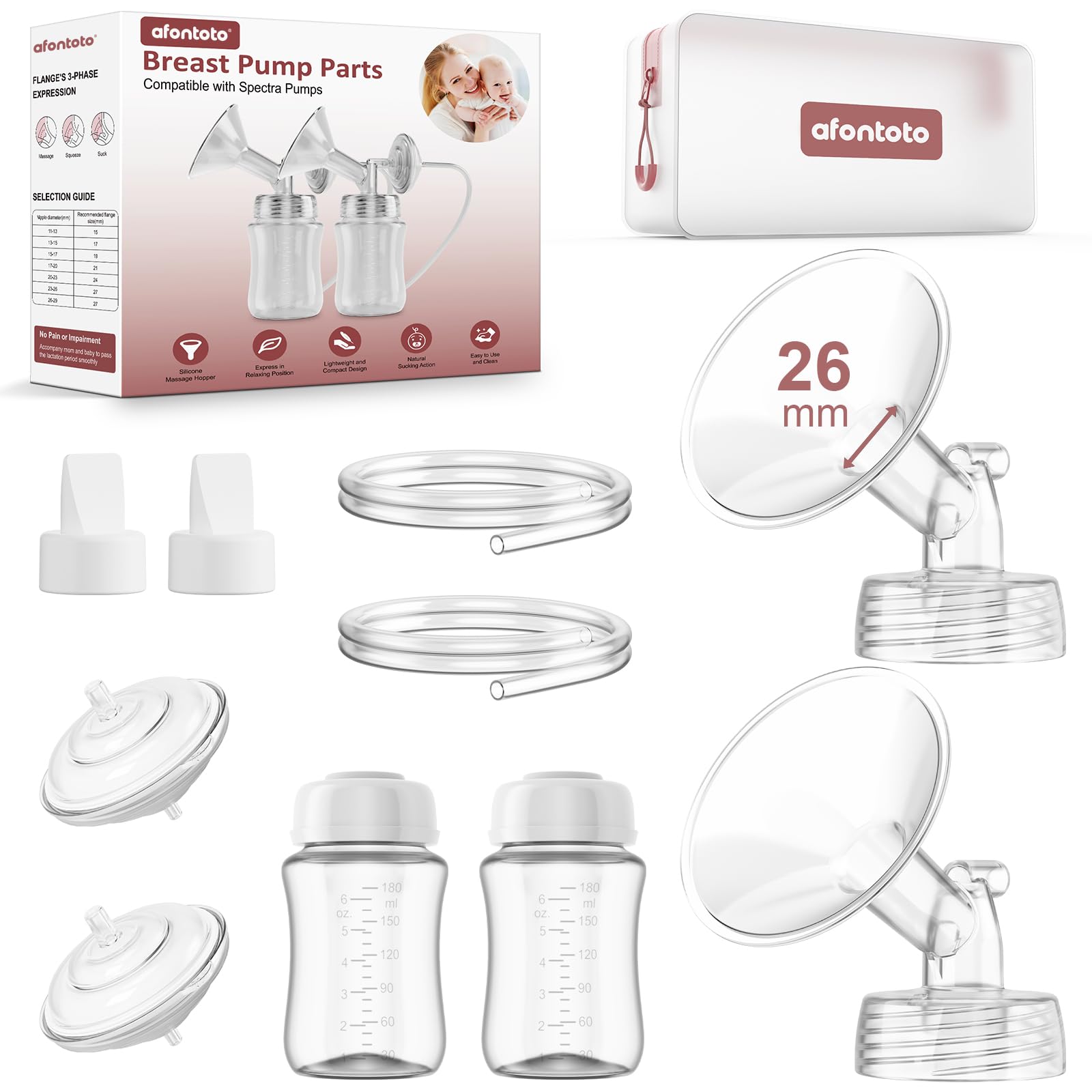 Pump Parts Compatible with Spectra S1/S2/9Plus Breastpump, Full Set Replacement Parts for Spectra Include Flange,Duckbill Valve,Backflow Protector,Tube,Bottle, Not Original Accessories