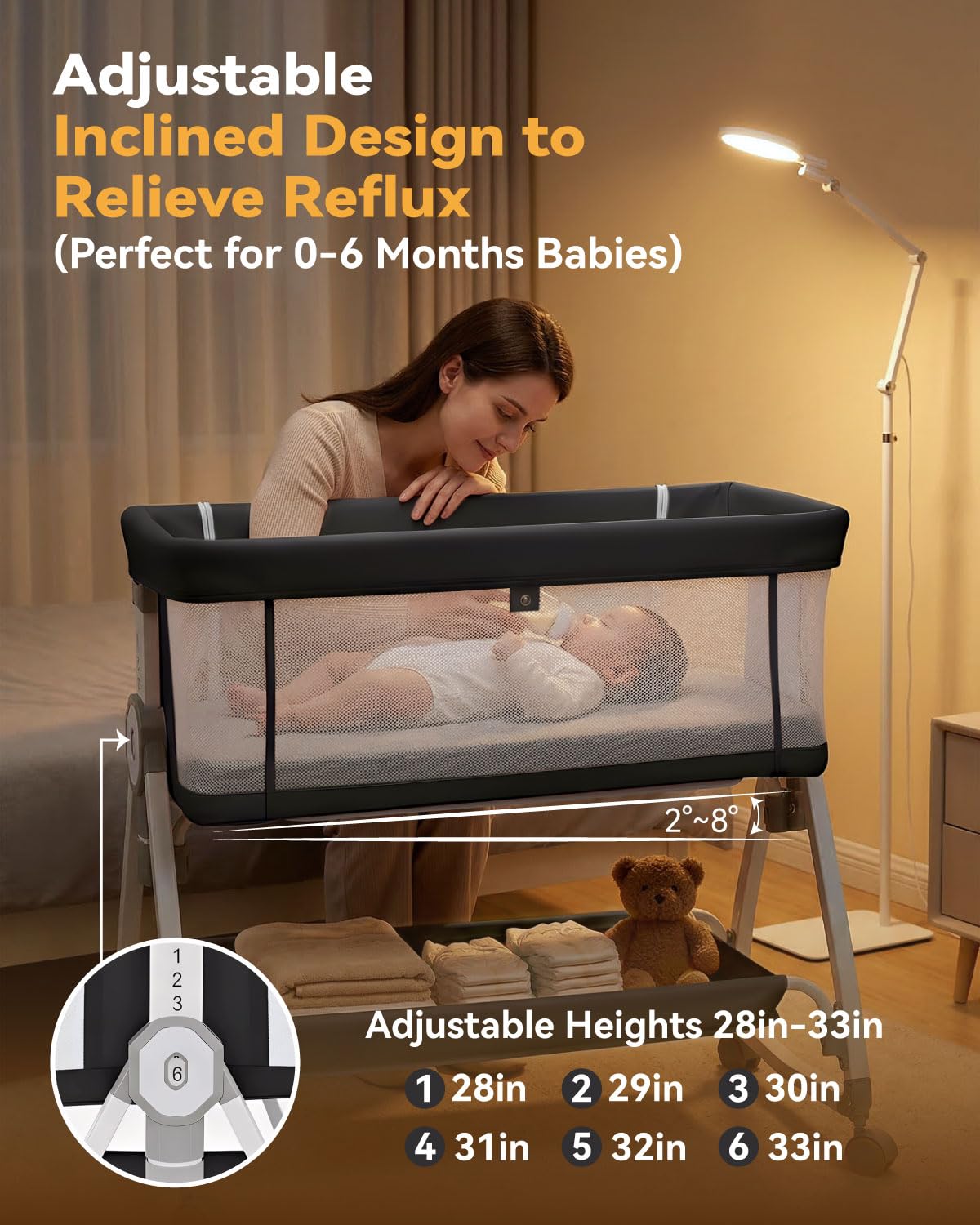 Madewell Living 4-in-1 Bedside Baby Bassinet with Wheels