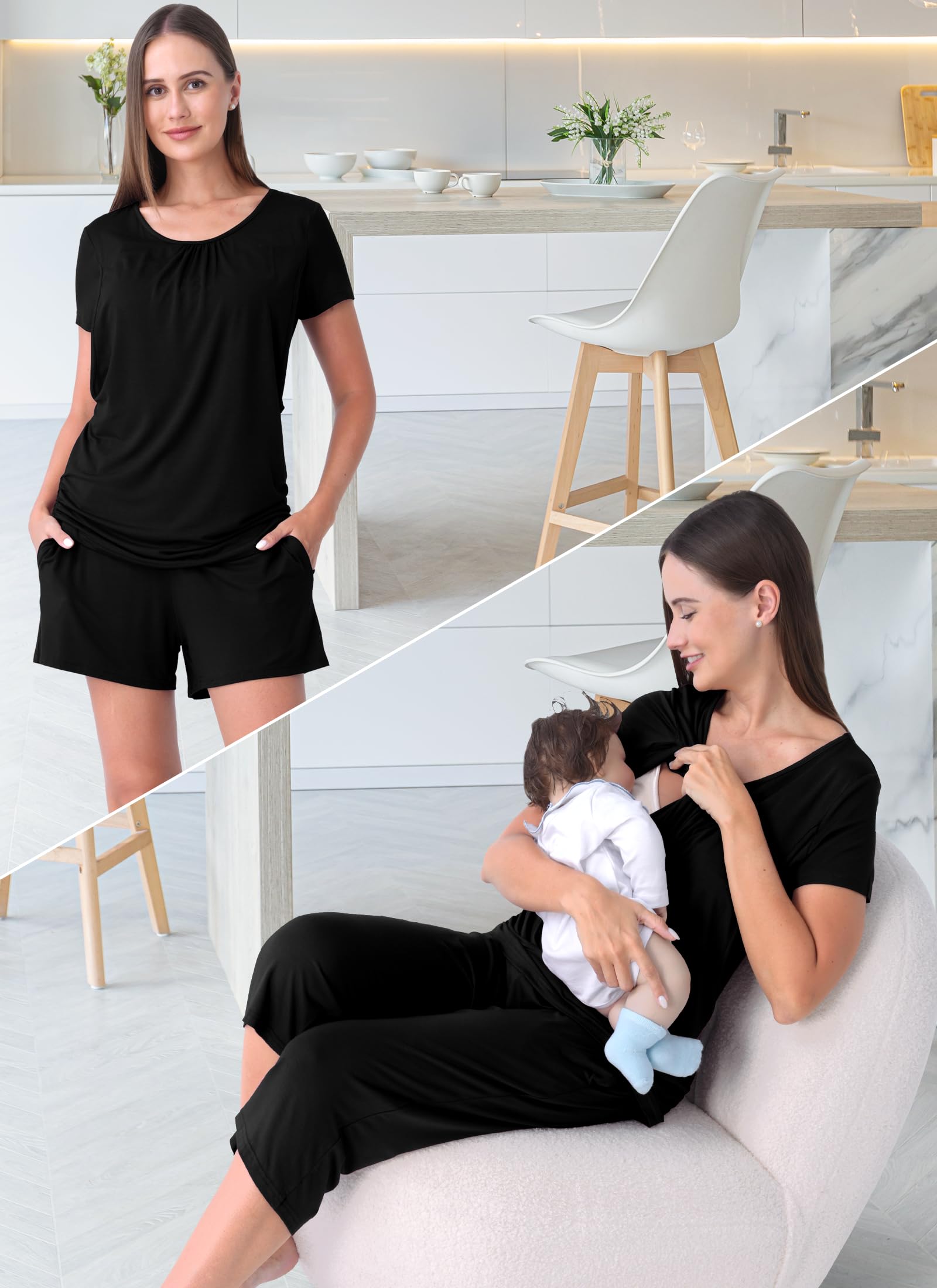 Shangood 3 Piece Nursing Pajamas Set for Women Breastfeeding Shirts Pjs Summer Postpartum Shorts&Capri Pants Pockets