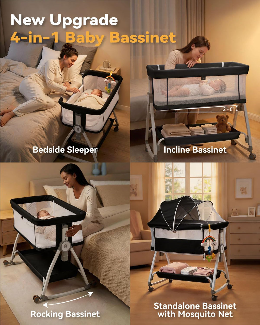 Madewell Living 4-in-1 Bedside Baby Bassinet with Wheels