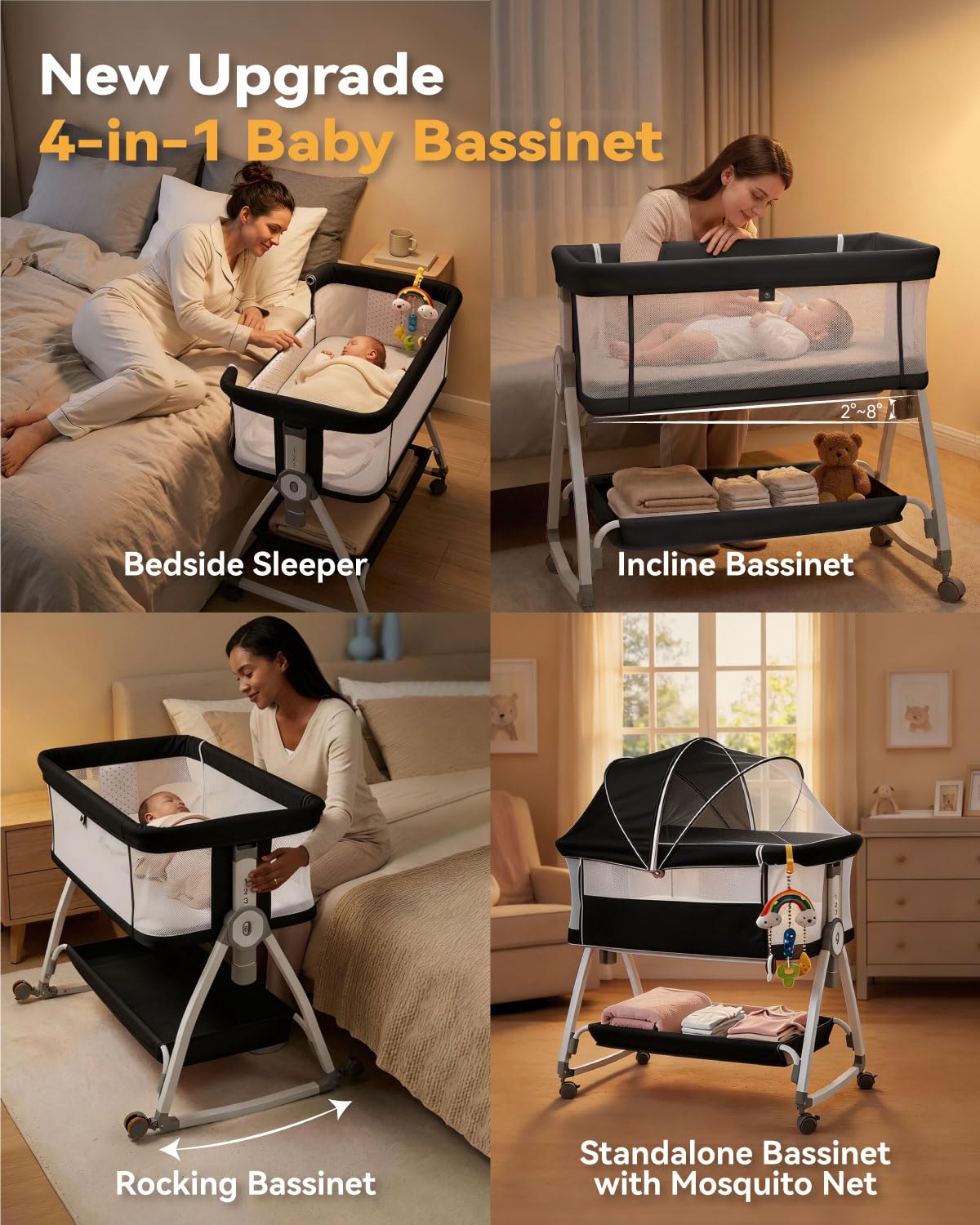 Madewell Living 4-in-1 Bedside Baby Bassinet with Wheels