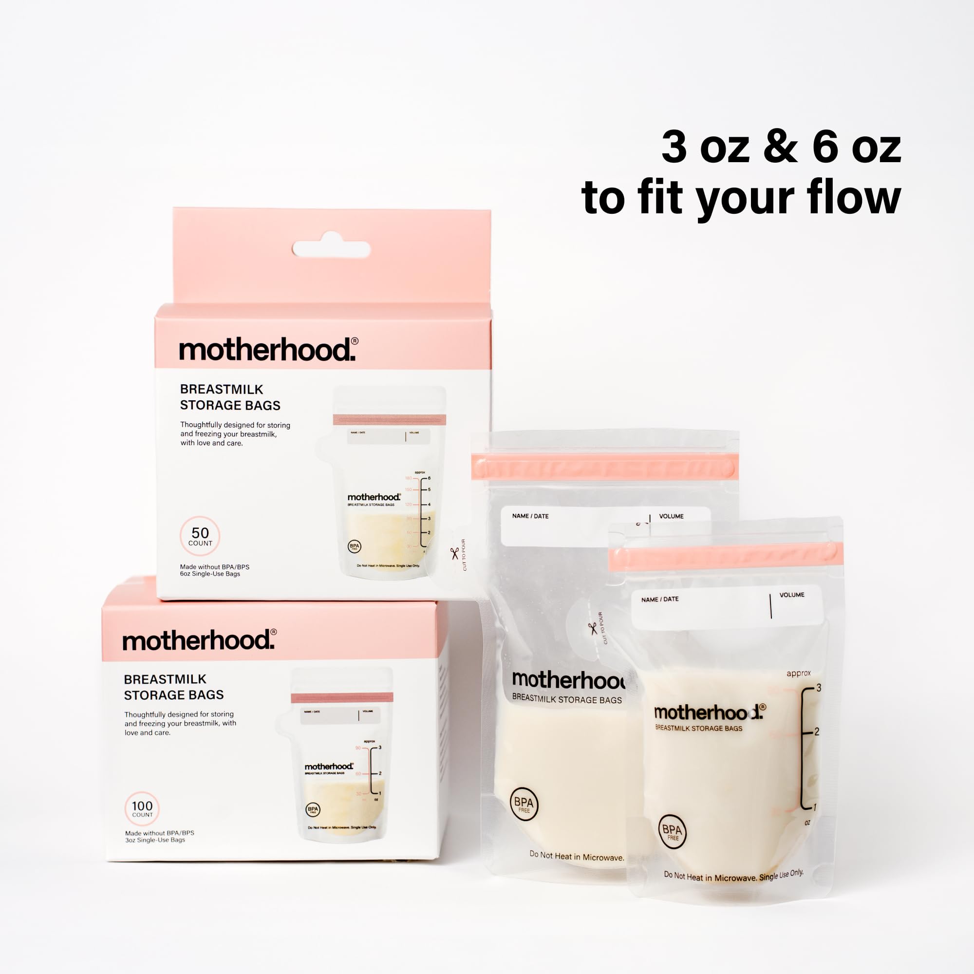 Motherhood Maternity Breastmilk Storage Bags Variety Pack – 3 oz & 6 oz Breast Milk Freezer Bags, Leak Proof, Pre-Sterilized & BPA Free
