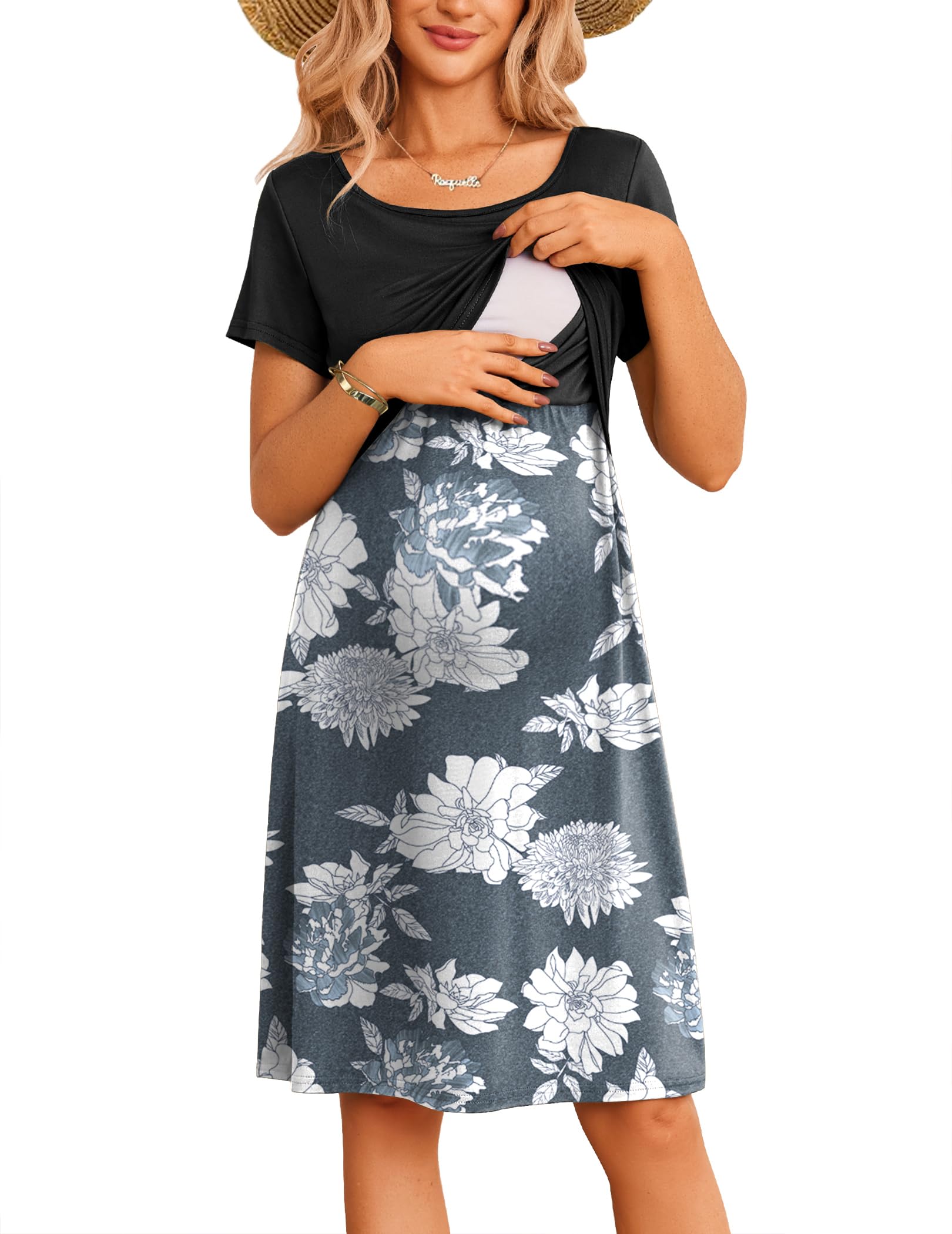 Ekouaer Maternity Summer Dress Breastfeeding Baby Shower Nursing Friendly Dresses Pregnancy Labor and Delivery Gown Clothes
