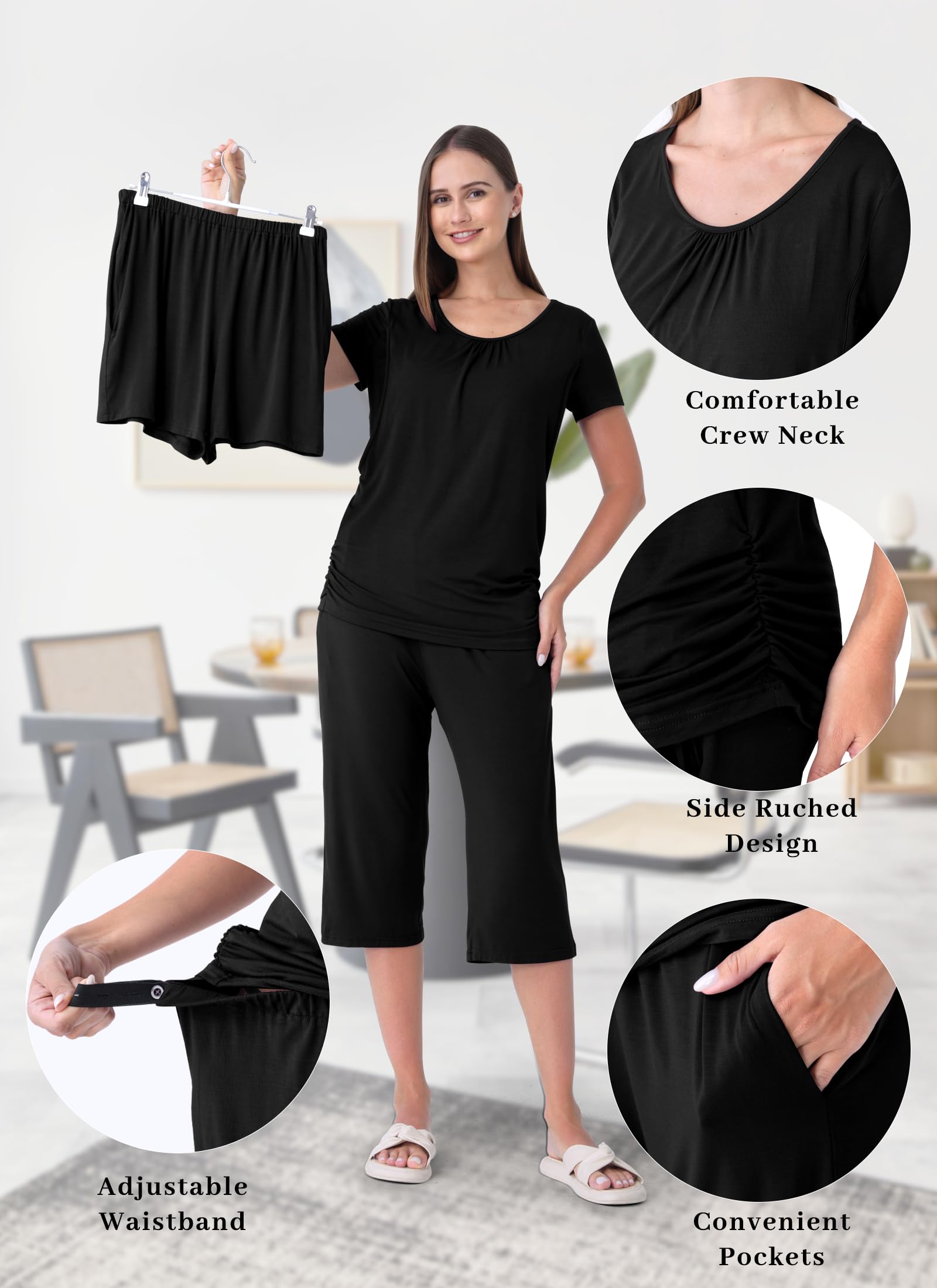 Shangood 3 Piece Nursing Pajamas Set for Women Breastfeeding Shirts Pjs Summer Postpartum Shorts&Capri Pants Pockets
