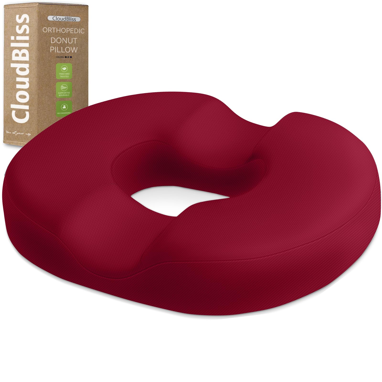 CloudBliss Donut Pillow Stadium Seat Cushion for Tailbone Pain Relief and Hemorrhoids, Memory Foam Seat Chair Cushion, Portable Seat Cushions for Bleachers, Car, Home & Office