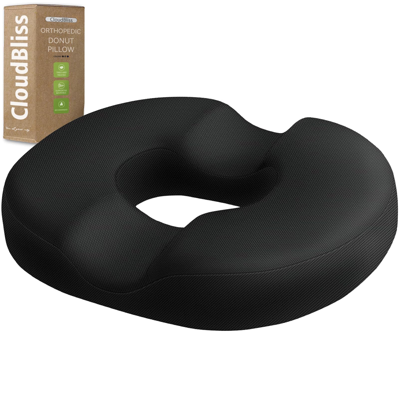 CloudBliss Donut Pillow Stadium Seat Cushion for Tailbone Pain Relief and Hemorrhoids, Memory Foam Seat Chair Cushion, Portable Seat Cushions for Bleachers, Car, Home & Office