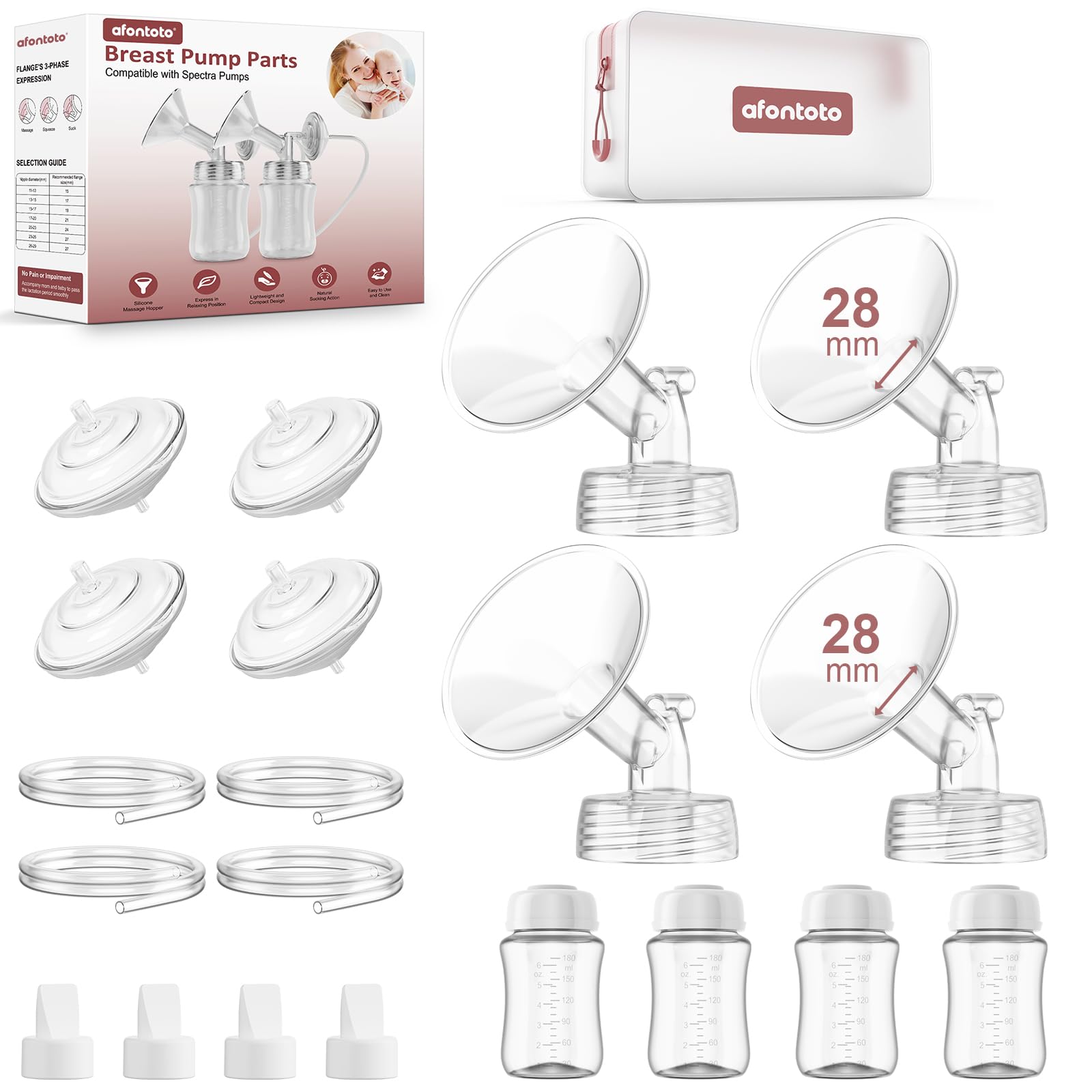 Pump Parts Compatible with Spectra S1/S2/9Plus Breastpump, Full Set Replacement Parts for Spectra Include Flange,Duckbill Valve,Backflow Protector,Tube,Bottle, Not Original Accessories