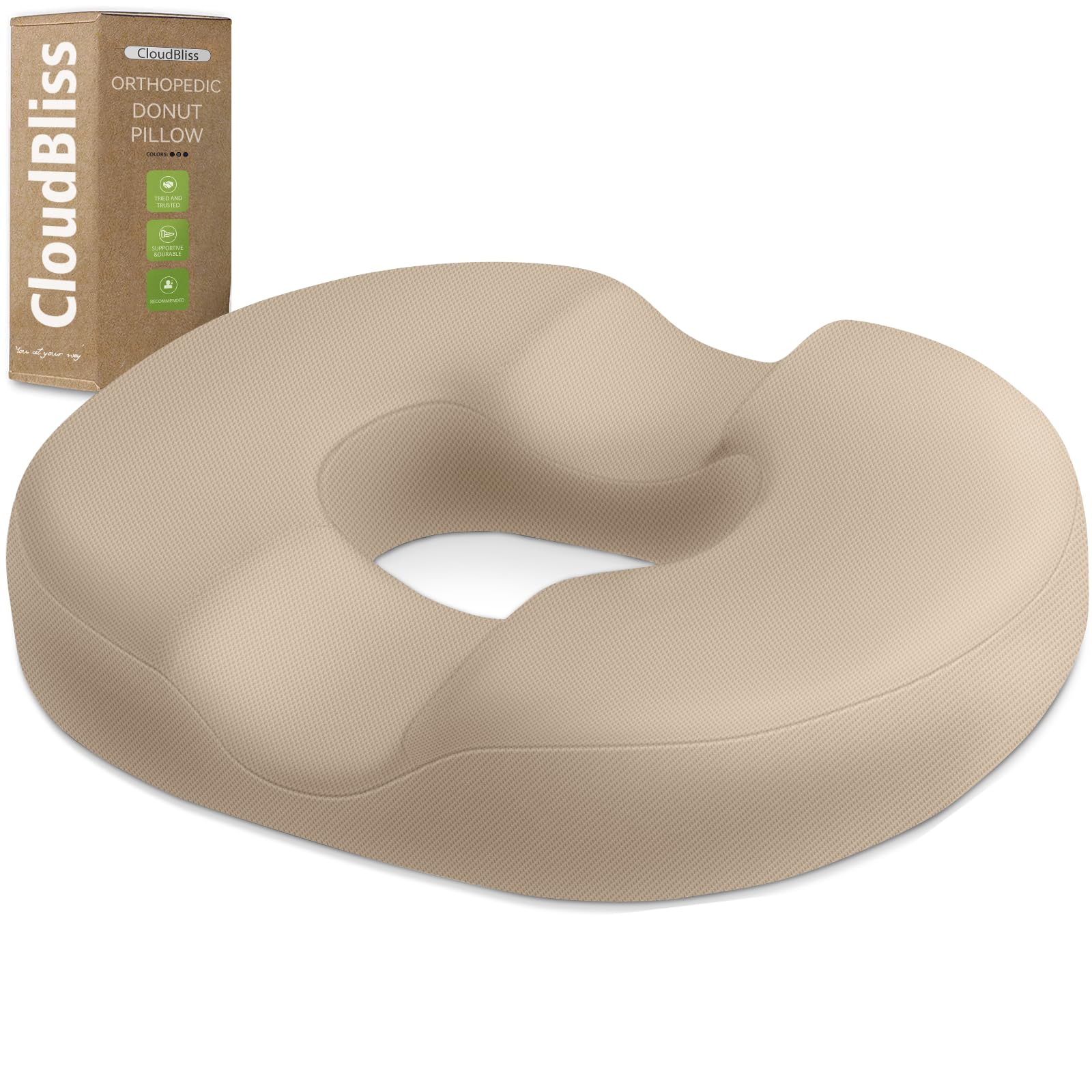 CloudBliss Donut Pillow Stadium Seat Cushion for Tailbone Pain Relief and Hemorrhoids, Memory Foam Seat Chair Cushion, Portable Seat Cushions for Bleachers, Car, Home & Office