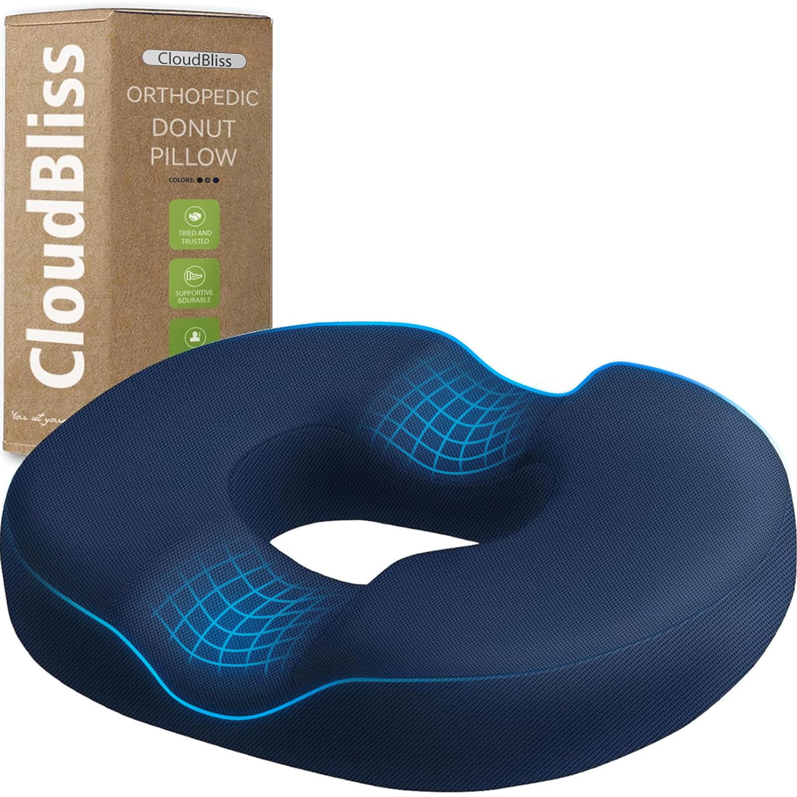 CloudBliss Donut Pillow Stadium Seat Cushion for Tailbone Pain Relief and Hemorrhoids, Memory Foam Seat Chair Cushion, Portable Seat Cushions for Bleachers, Car, Home & Office
