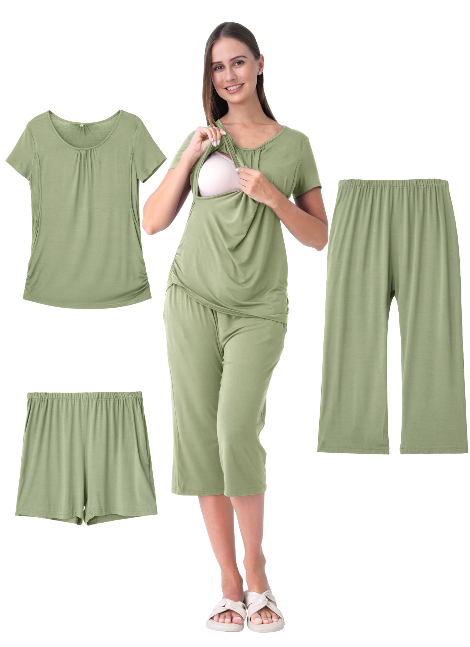 Shangood 3 Piece Nursing Pajamas Set for Women Breastfeeding Shirts Pjs Summer Postpartum Shorts&Capri Pants Pockets