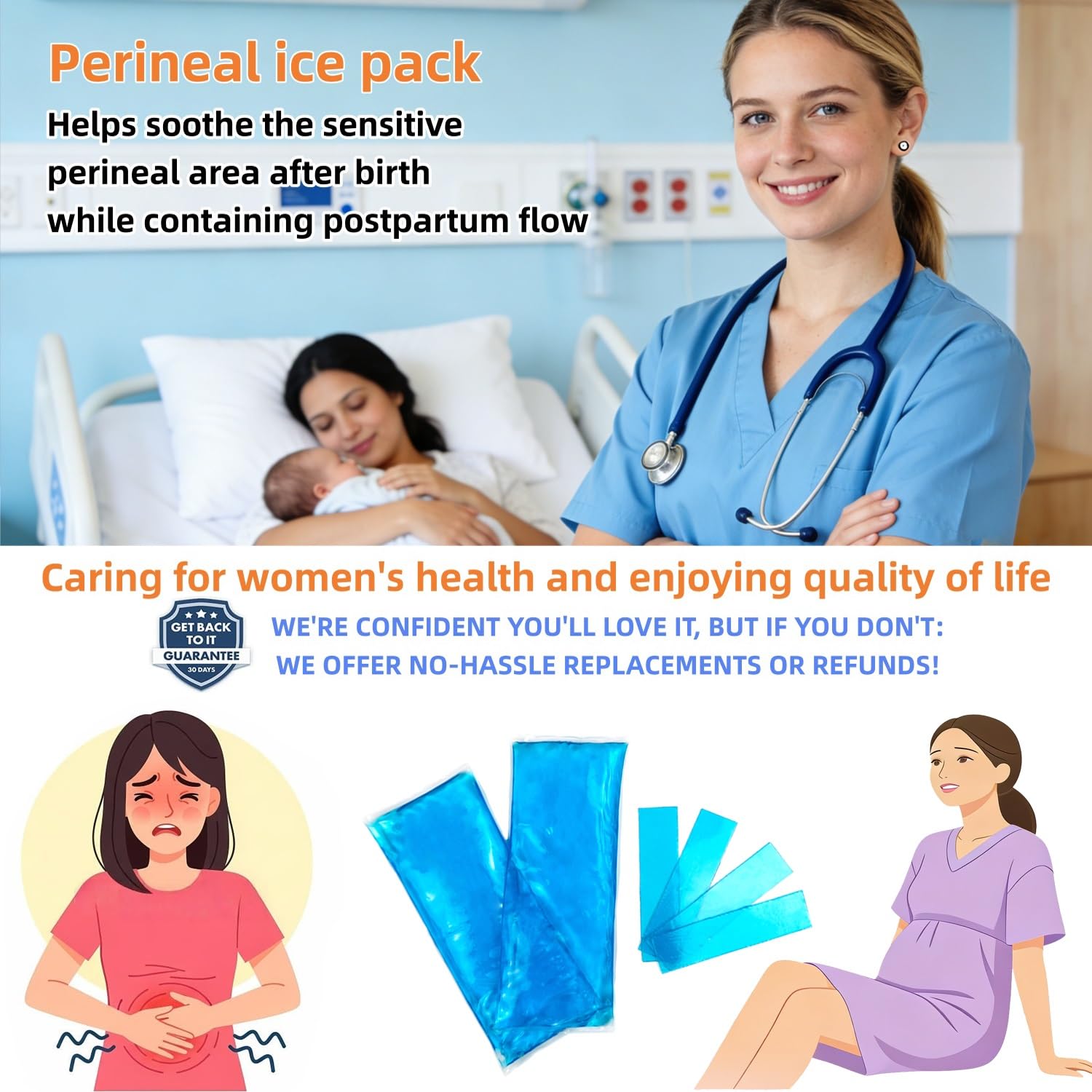 CoolBloom Medical-Grade Reusable Perineal Ice Packs, Flexible Frozen Hot Cold Gel Pads for Postpartum Recovery, Episiotomy Stitches, Hemorrhoid Swelling & Pain Relief, 2 Pack with Storage Case
