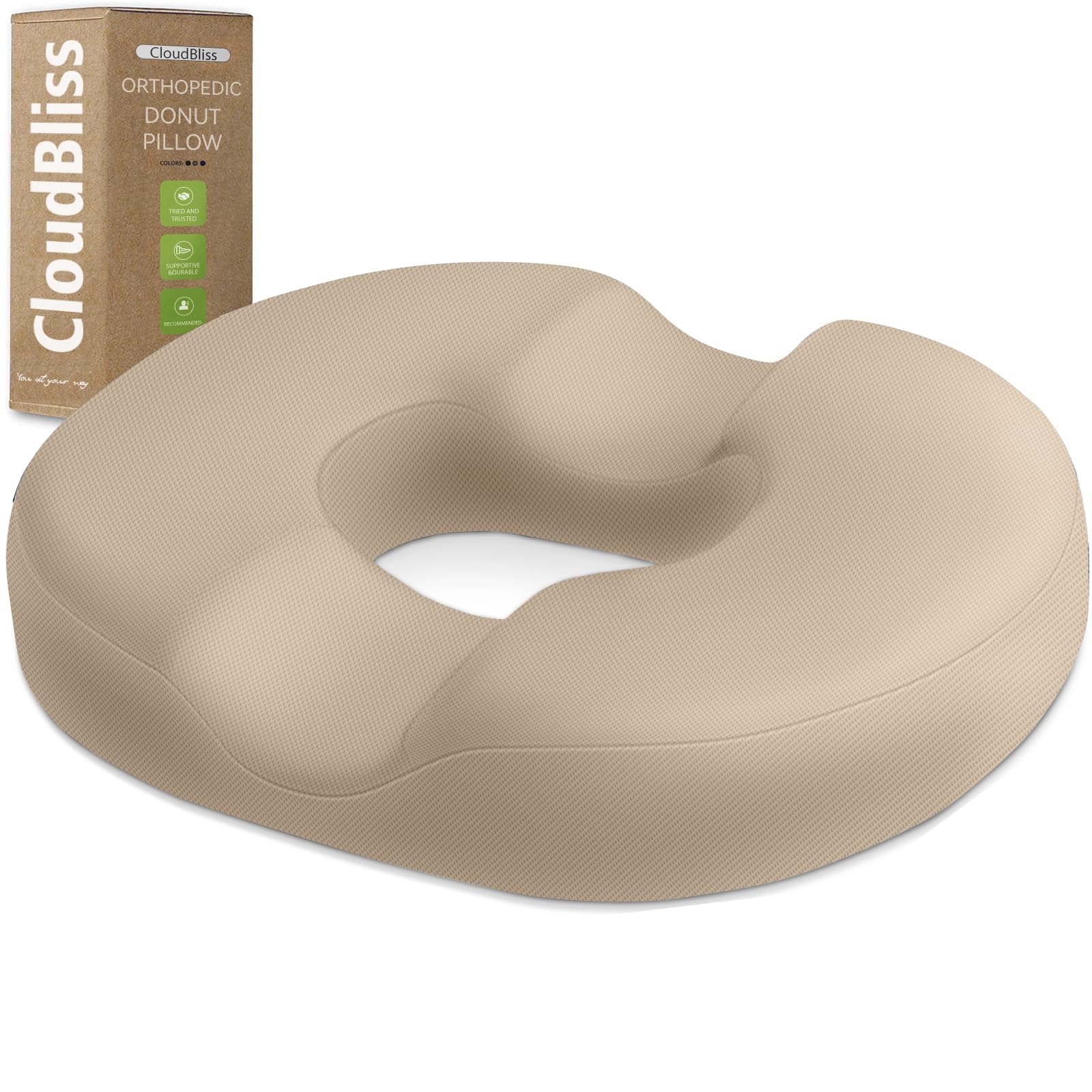 CloudBliss Donut Pillow Stadium Seat Cushion for Tailbone Pain Relief and Hemorrhoids, Memory Foam Seat Chair Cushion, Portable Seat Cushions for Bleachers, Car, Home & Office