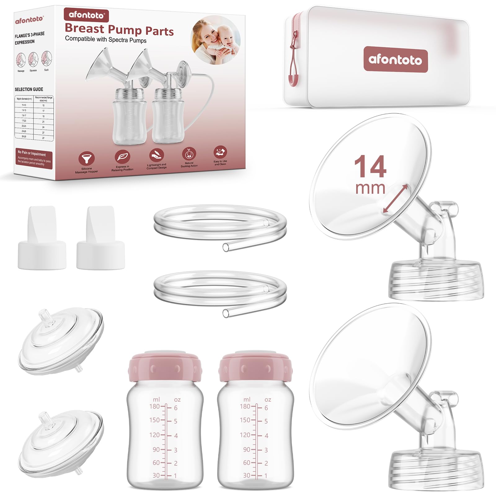 Pump Parts Compatible with Spectra S1/S2/9Plus Breastpump, Full Set Replacement Parts for Spectra Include Flange,Duckbill Valve,Backflow Protector,Tube,Bottle, Not Original Accessories