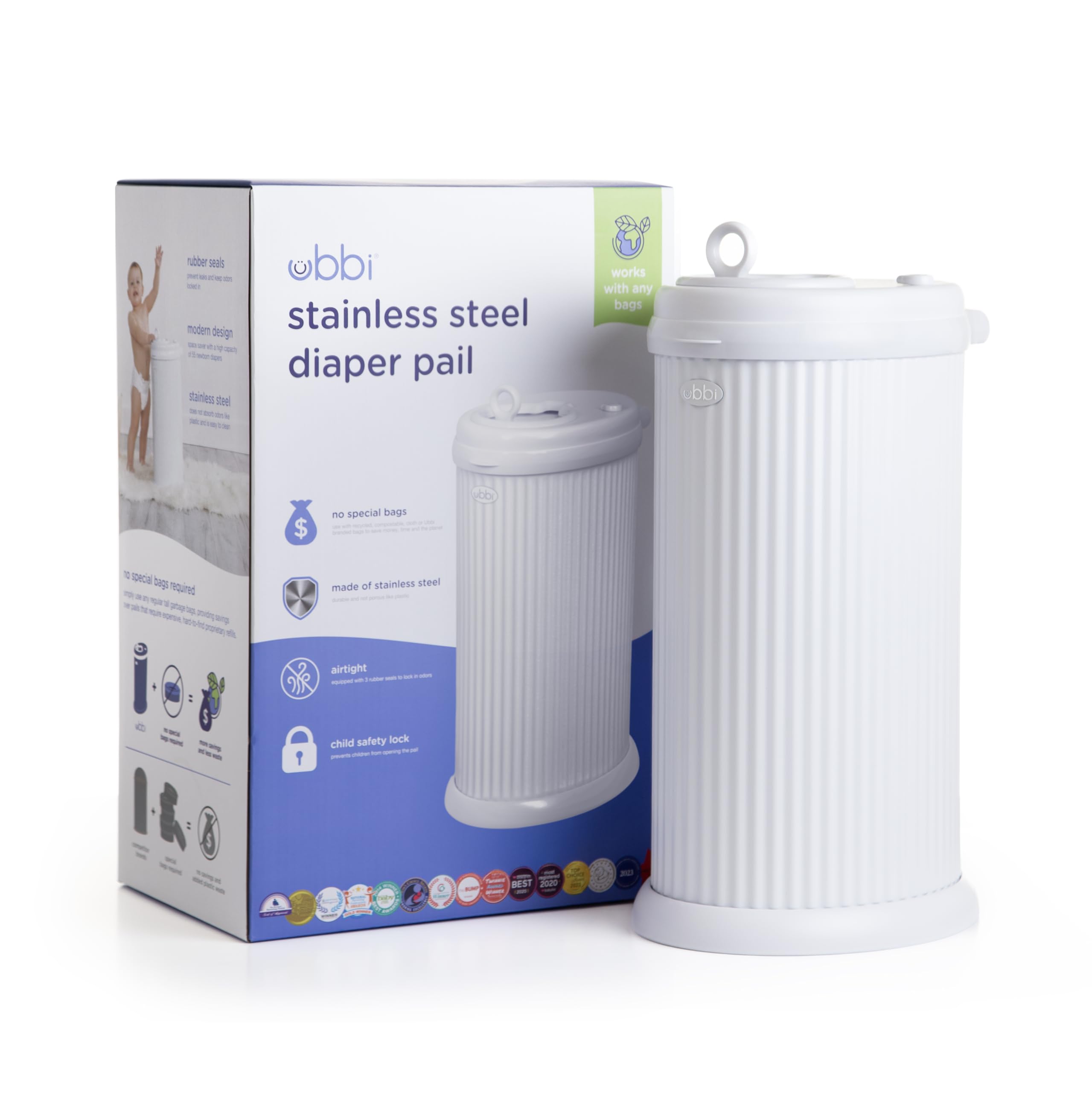 Ubbi Steel Odor-Locking Diaper Pail with Standard Bags
