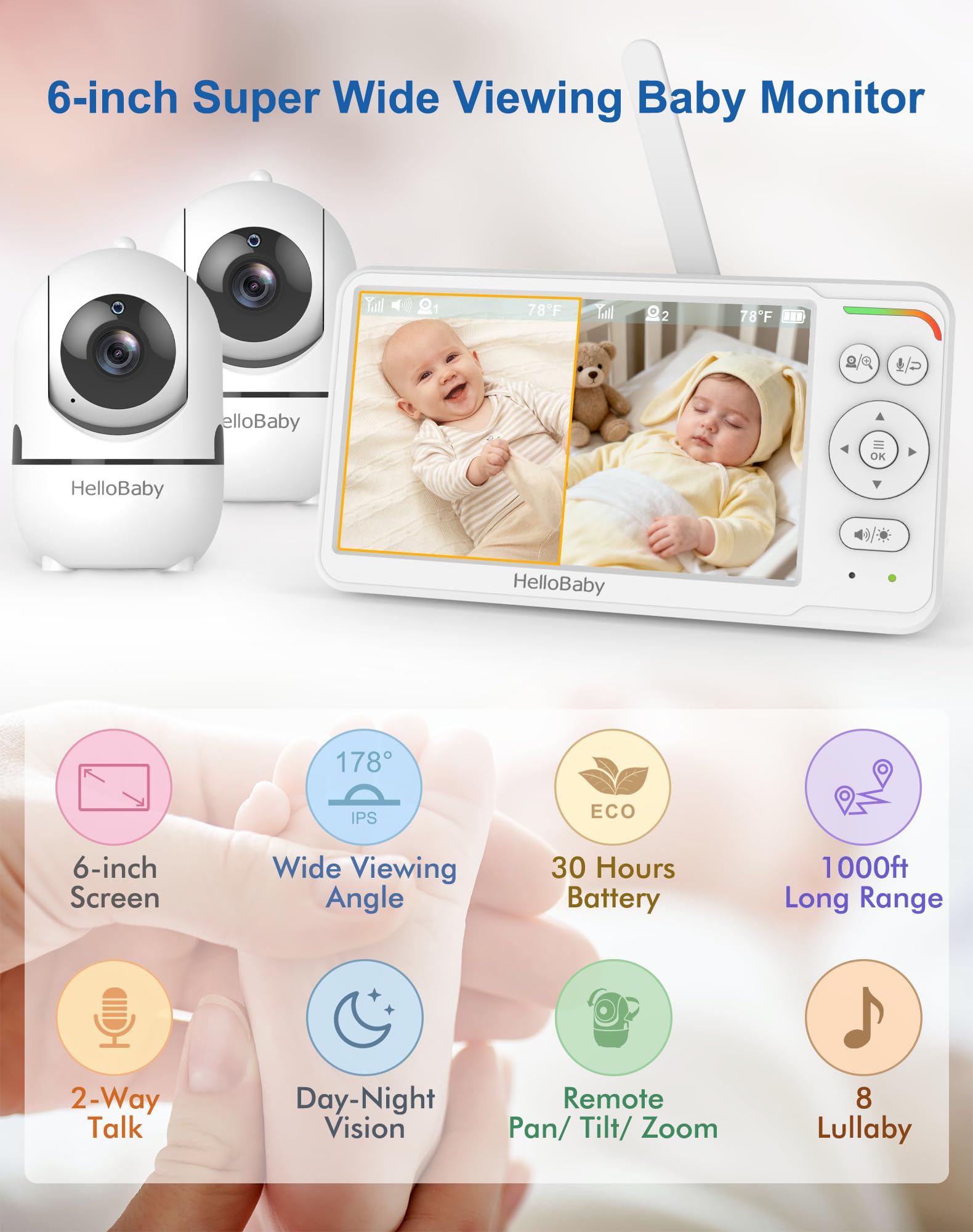 HelloBaby 6-Inch Split-Screen Monitor with Dual Cameras