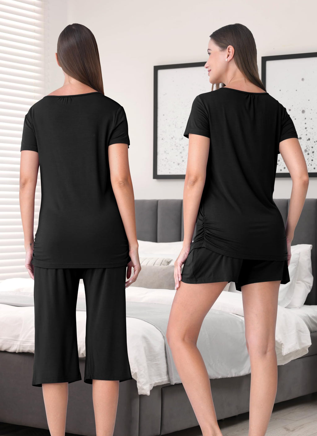 Shangood 3 Piece Nursing Pajamas Set for Women Breastfeeding Shirts Pjs Summer Postpartum Shorts&Capri Pants Pockets