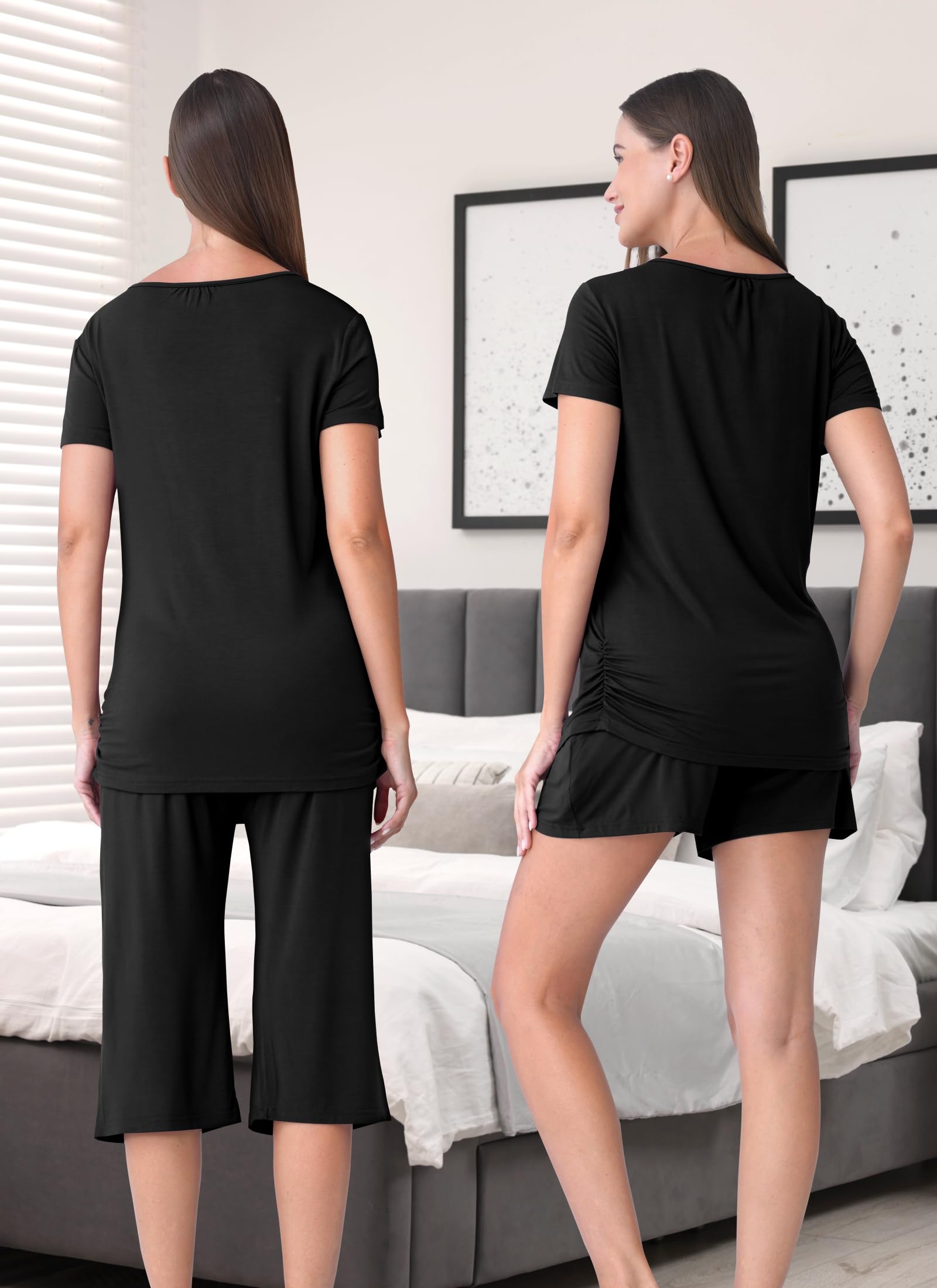 Shangood 3 Piece Nursing Pajamas Set for Women Breastfeeding Shirts Pjs Summer Postpartum Shorts&Capri Pants Pockets