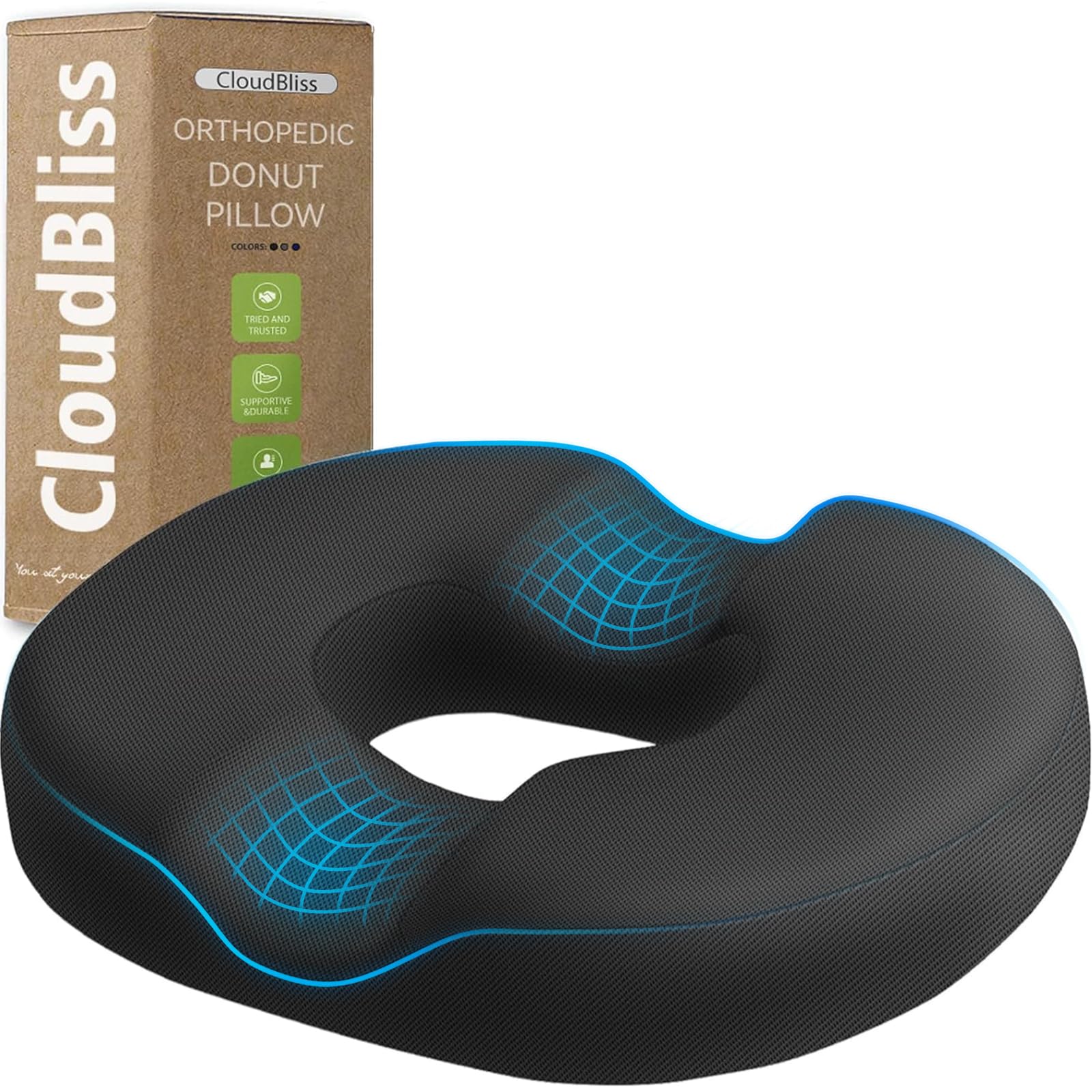 CloudBliss Donut Pillow Stadium Seat Cushion for Tailbone Pain Relief and Hemorrhoids, Memory Foam Seat Chair Cushion, Portable Seat Cushions for Bleachers, Car, Home & Office