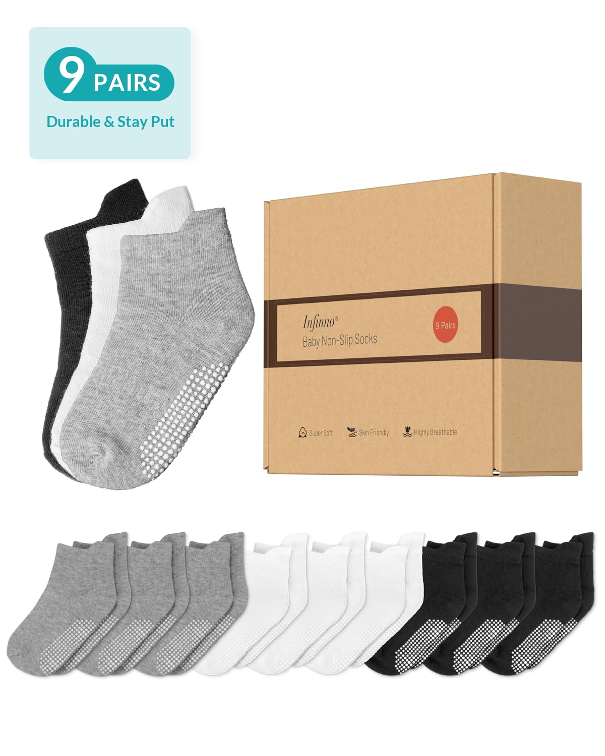 Infinno 9-Pair Non-Slip Grip Socks for Babies & Kids
