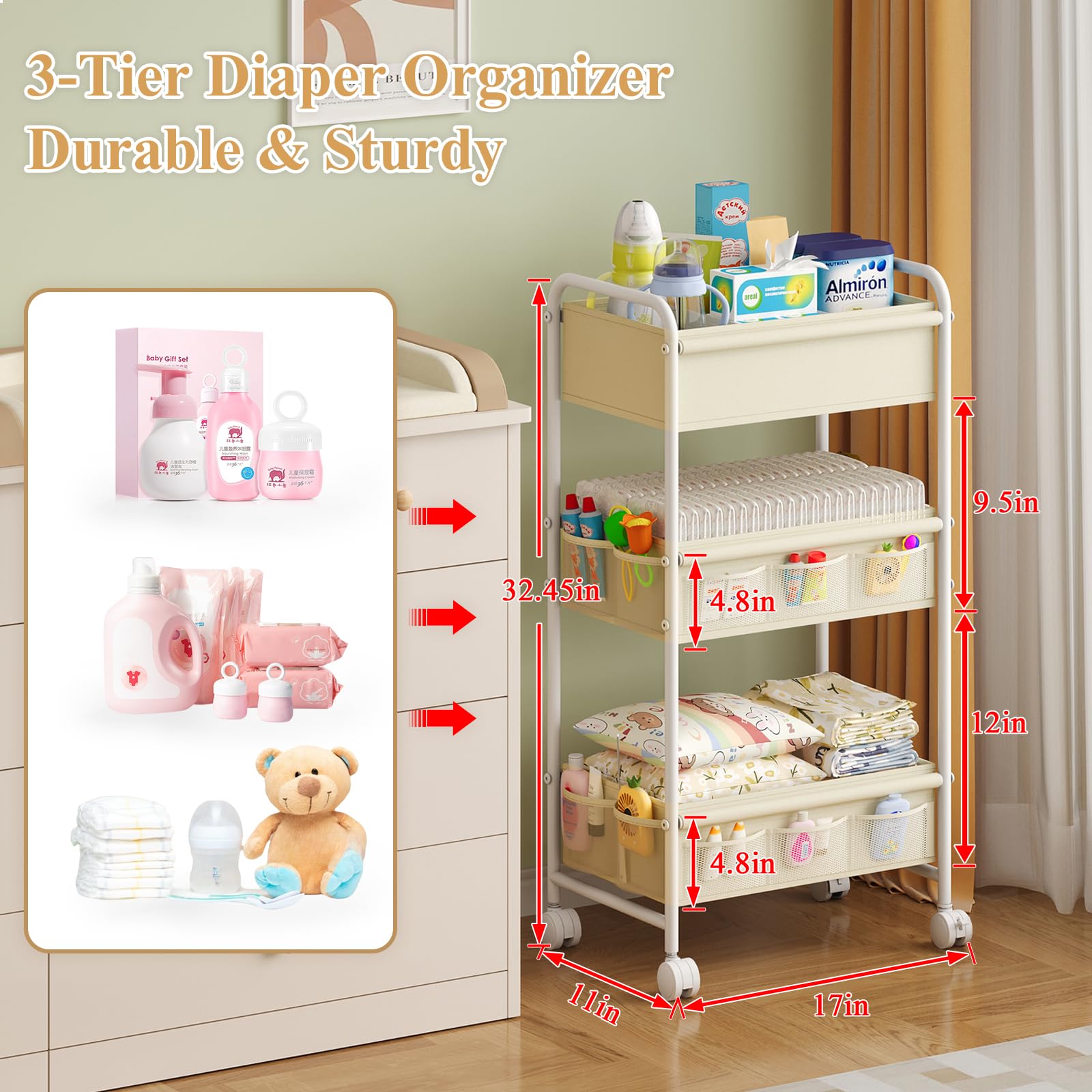 Cidaziya Rolling Baby Diaper Caddy and Storage Cart