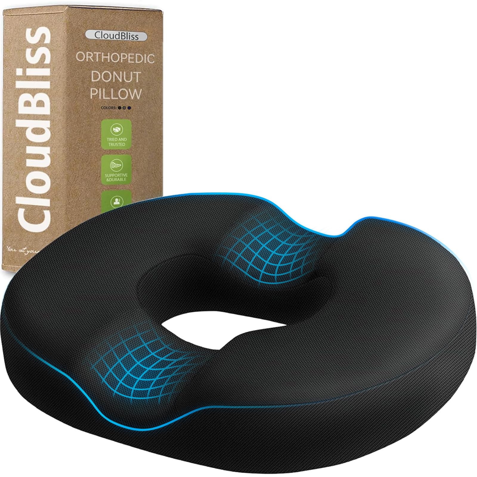 CloudBliss Donut Pillow Stadium Seat Cushion for Tailbone Pain Relief and Hemorrhoids, Memory Foam Seat Chair Cushion, Portable Seat Cushions for Bleachers, Car, Home & Office