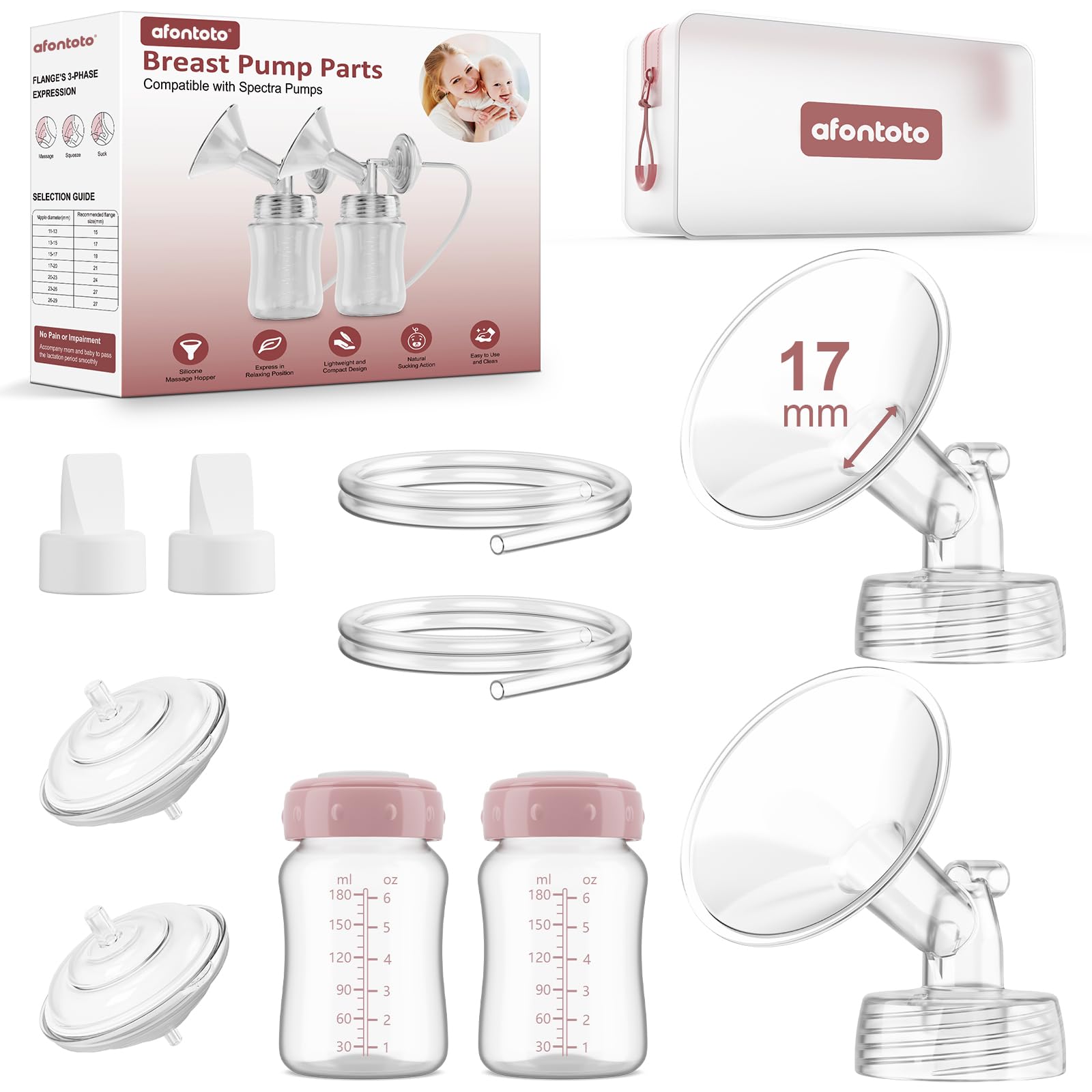 Pump Parts Compatible with Spectra S1/S2/9Plus Breastpump, Full Set Replacement Parts for Spectra Include Flange,Duckbill Valve,Backflow Protector,Tube,Bottle, Not Original Accessories