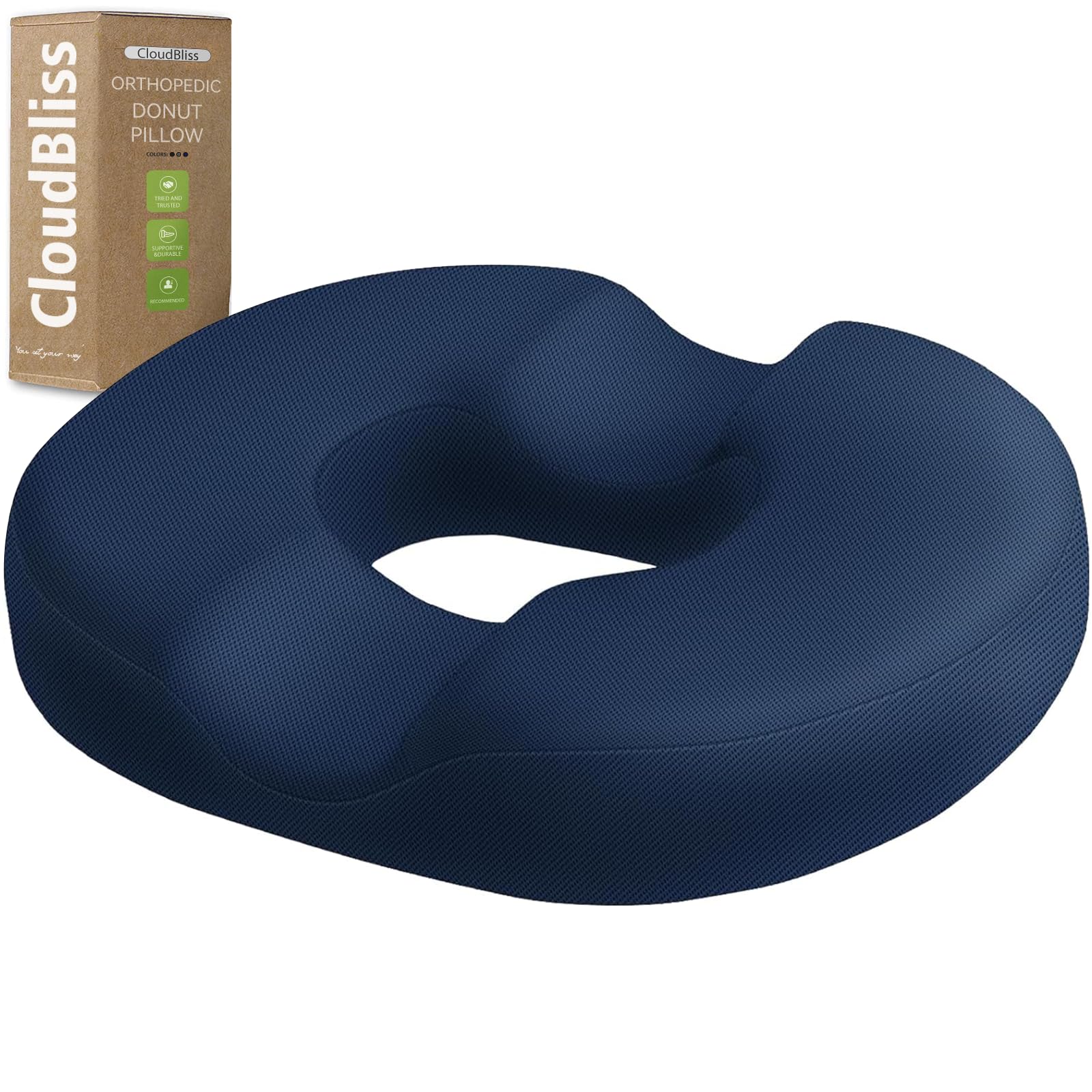 CloudBliss Donut Pillow Stadium Seat Cushion for Tailbone Pain Relief and Hemorrhoids, Memory Foam Seat Chair Cushion, Portable Seat Cushions for Bleachers, Car, Home & Office