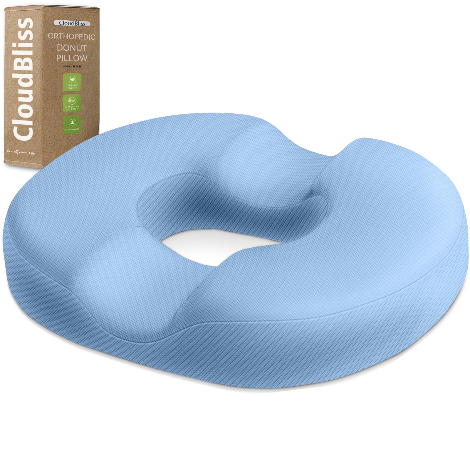 CloudBliss Donut Pillow Stadium Seat Cushion for Tailbone Pain Relief and Hemorrhoids, Memory Foam Seat Chair Cushion, Portable Seat Cushions for Bleachers, Car, Home & Office