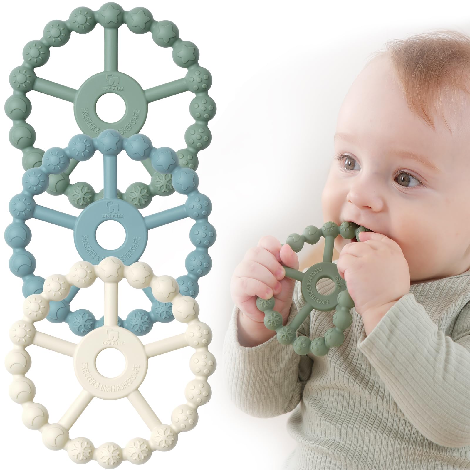 Seposeve 3-Pack Silicone Teething Rings for Babies