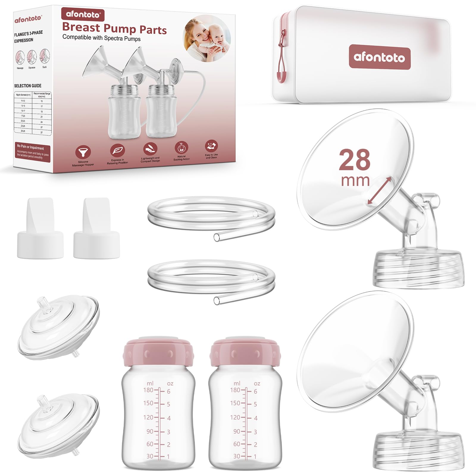 Pump Parts Compatible with Spectra S1/S2/9Plus Breastpump, Full Set Replacement Parts for Spectra Include Flange,Duckbill Valve,Backflow Protector,Tube,Bottle, Not Original Accessories