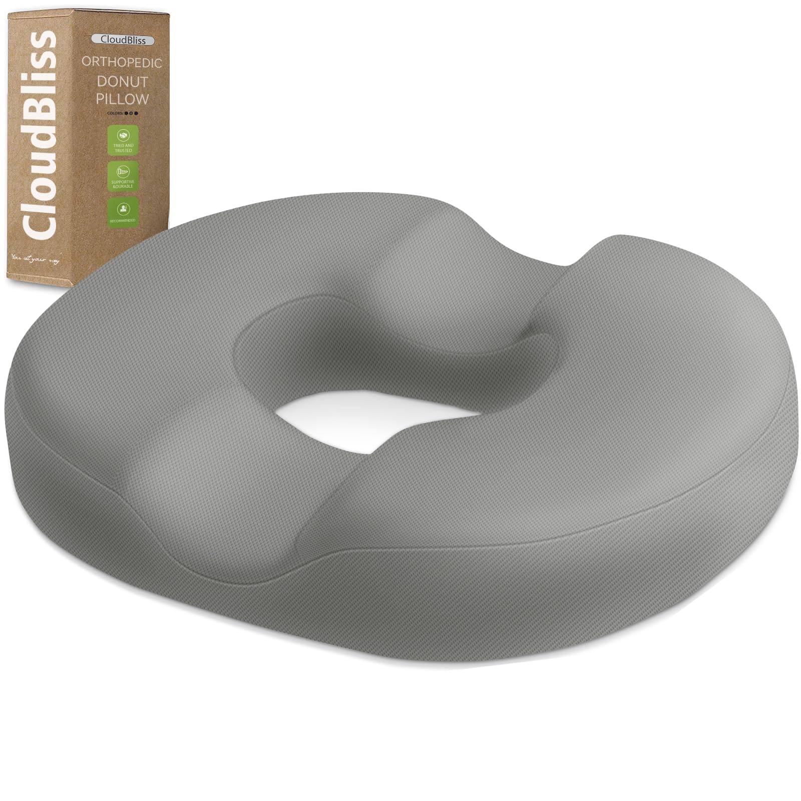 CloudBliss Donut Pillow Stadium Seat Cushion for Tailbone Pain Relief and Hemorrhoids, Memory Foam Seat Chair Cushion, Portable Seat Cushions for Bleachers, Car, Home & Office