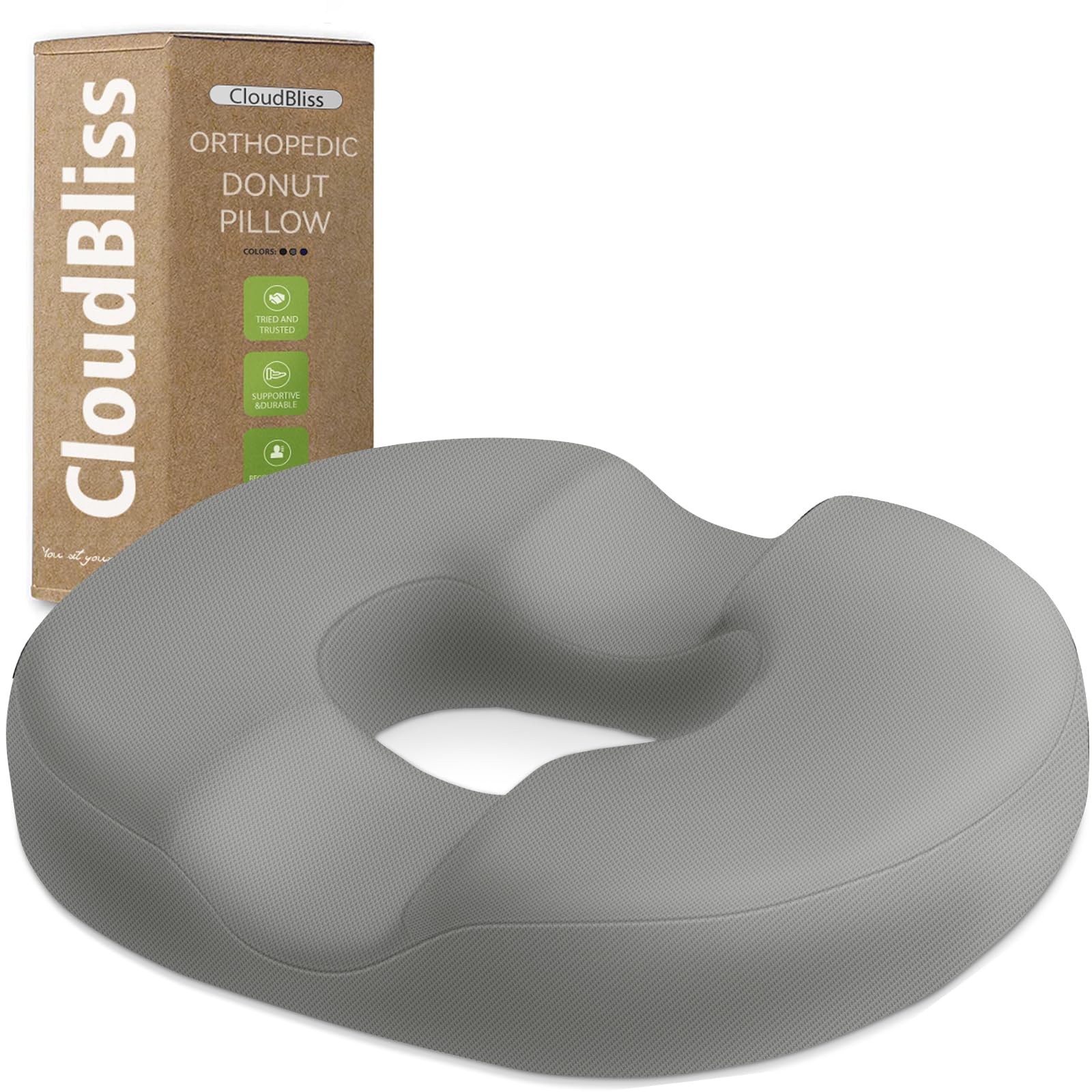CloudBliss Donut Pillow Stadium Seat Cushion for Tailbone Pain Relief and Hemorrhoids, Memory Foam Seat Chair Cushion, Portable Seat Cushions for Bleachers, Car, Home & Office