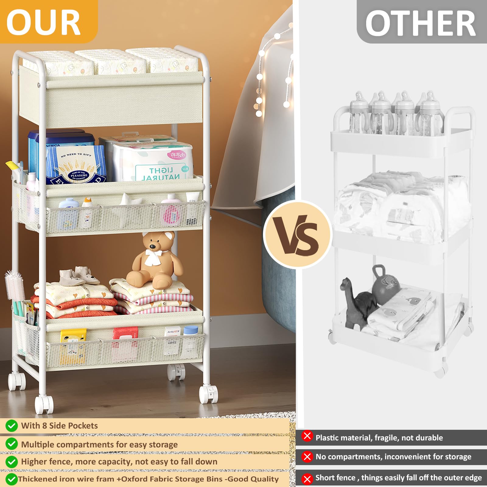 Cidaziya Rolling Baby Diaper Caddy and Storage Cart