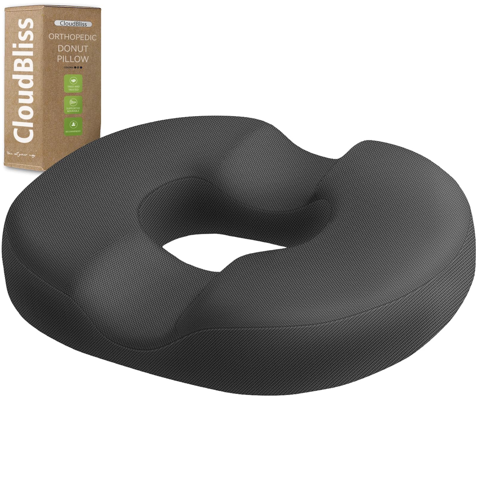 CloudBliss Donut Pillow Stadium Seat Cushion for Tailbone Pain Relief and Hemorrhoids, Memory Foam Seat Chair Cushion, Portable Seat Cushions for Bleachers, Car, Home & Office