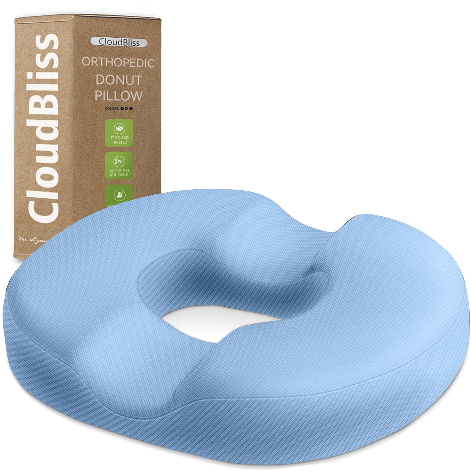 CloudBliss Donut Pillow Stadium Seat Cushion for Tailbone Pain Relief and Hemorrhoids, Memory Foam Seat Chair Cushion, Portable Seat Cushions for Bleachers, Car, Home & Office