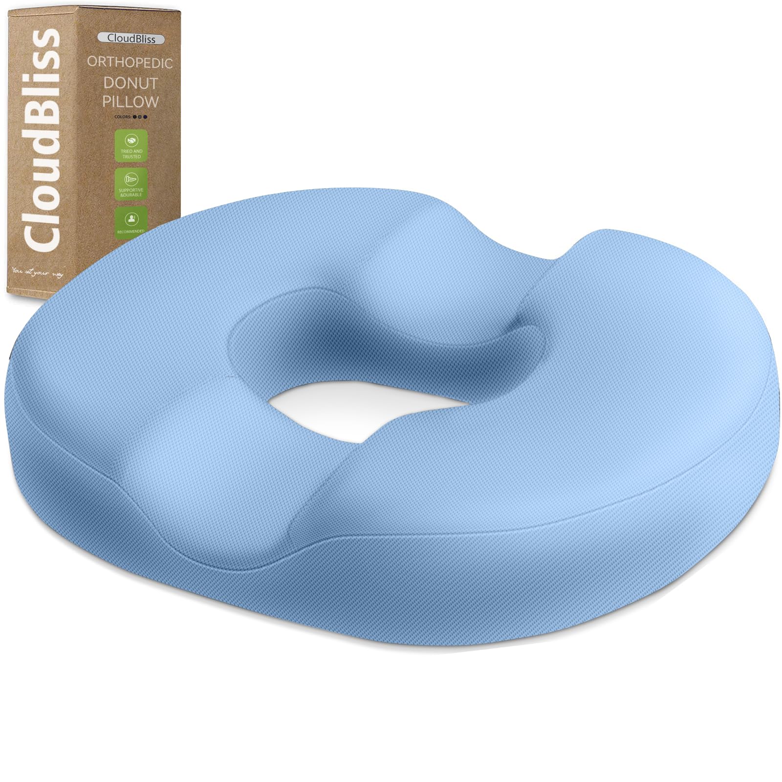 CloudBliss Donut Pillow Stadium Seat Cushion for Tailbone Pain Relief and Hemorrhoids, Memory Foam Seat Chair Cushion, Portable Seat Cushions for Bleachers, Car, Home & Office