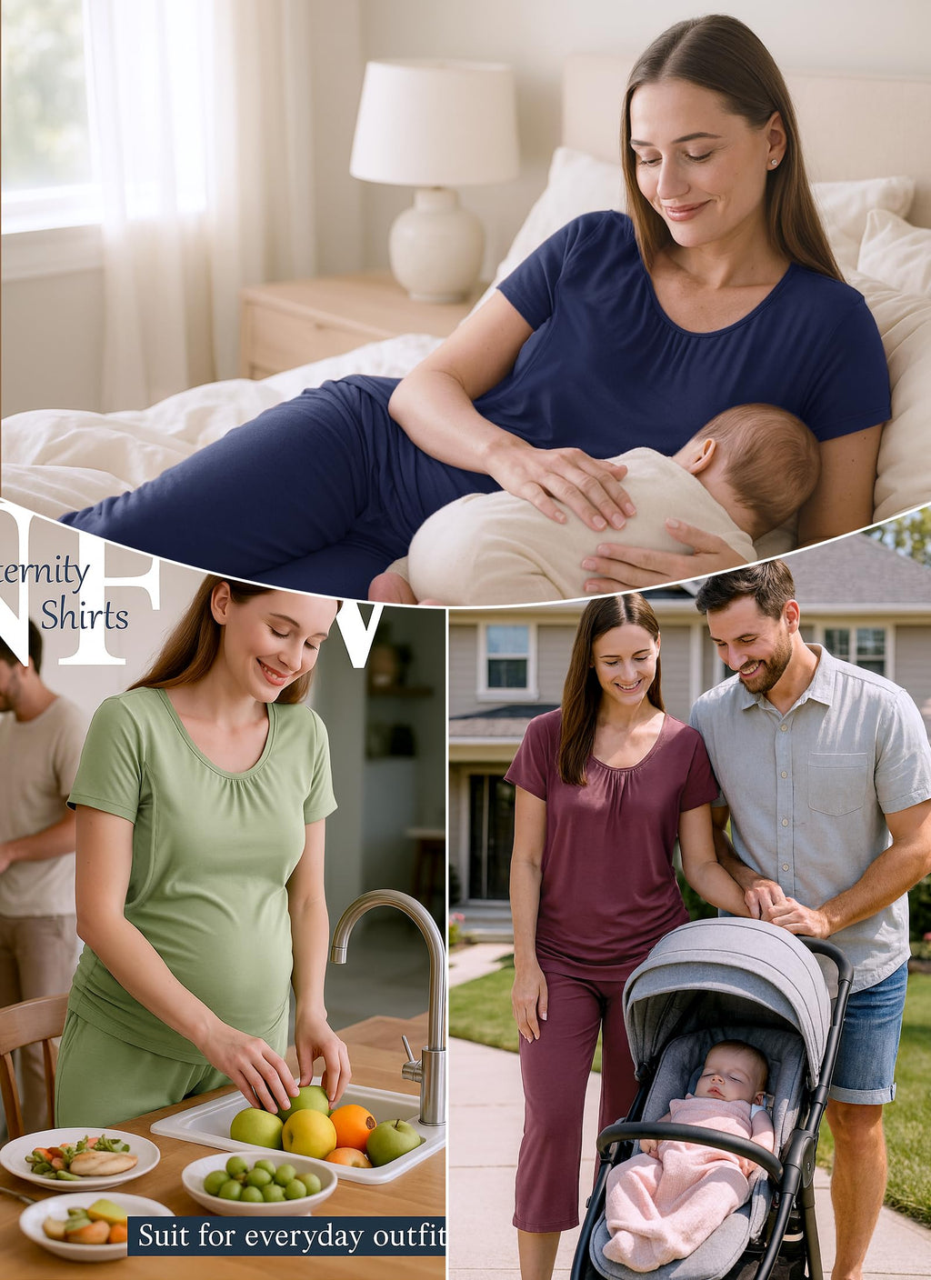 Shangood 3 Piece Nursing Pajamas Set for Women Breastfeeding Shirts Pjs Summer Postpartum Shorts&Capri Pants Pockets