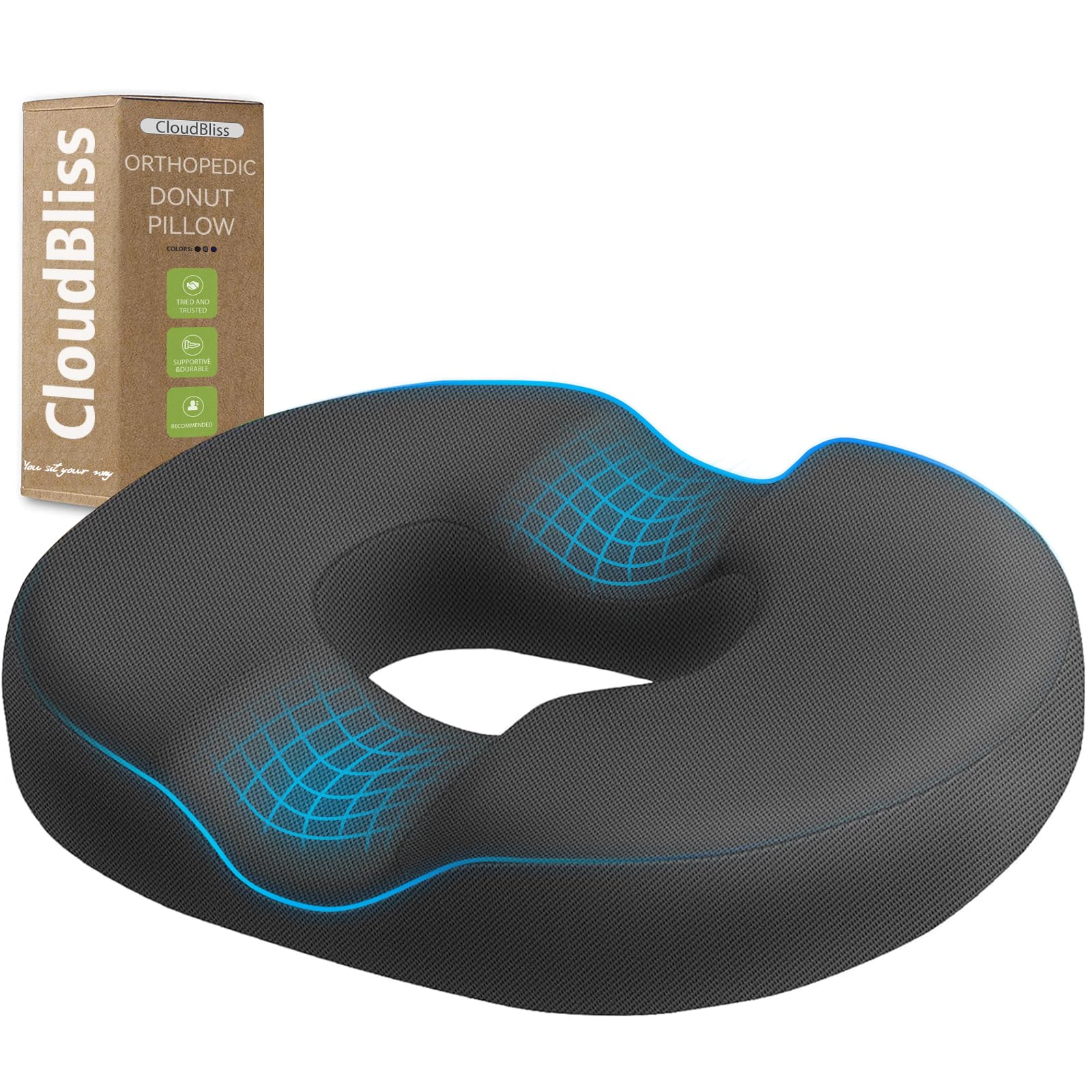 CloudBliss Donut Pillow Stadium Seat Cushion for Tailbone Pain Relief and Hemorrhoids, Memory Foam Seat Chair Cushion, Portable Seat Cushions for Bleachers, Car, Home & Office