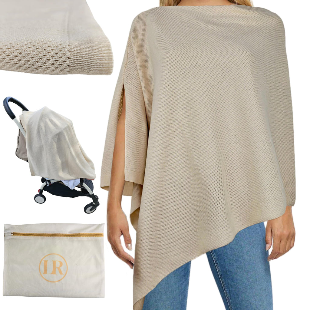 Little Rou Peekaboo Nursing Cover Up for Breastfeeding - Breathable Knit - Soft Organic Cotton & Cashmere Breast Feeding Poncho for Women - Privacy Feature - Includes Mesh Laundry Bag