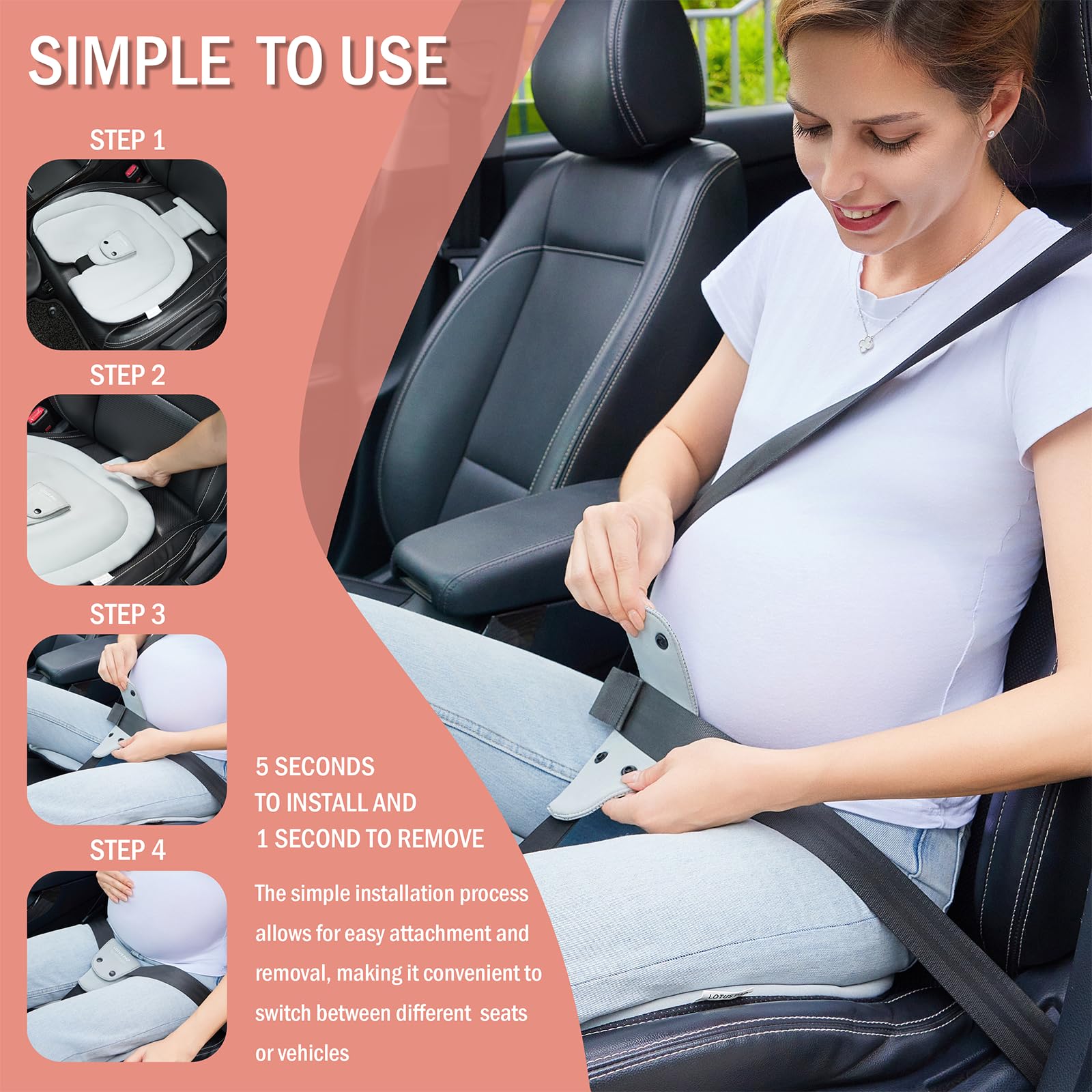 ROLROLCARE Car Seat Cushion for Pregnancy, Integrated Abdominal Pad, Elastic Breathable Fabric Reduce Belly Compression, Enhance Driving and Traveling Comfort
